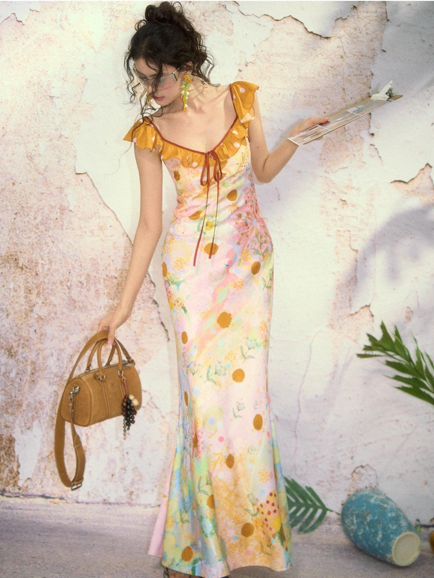 OfAkiva French Floral Ruffle Bias Cut Cinched Waist Mermaid Women&
