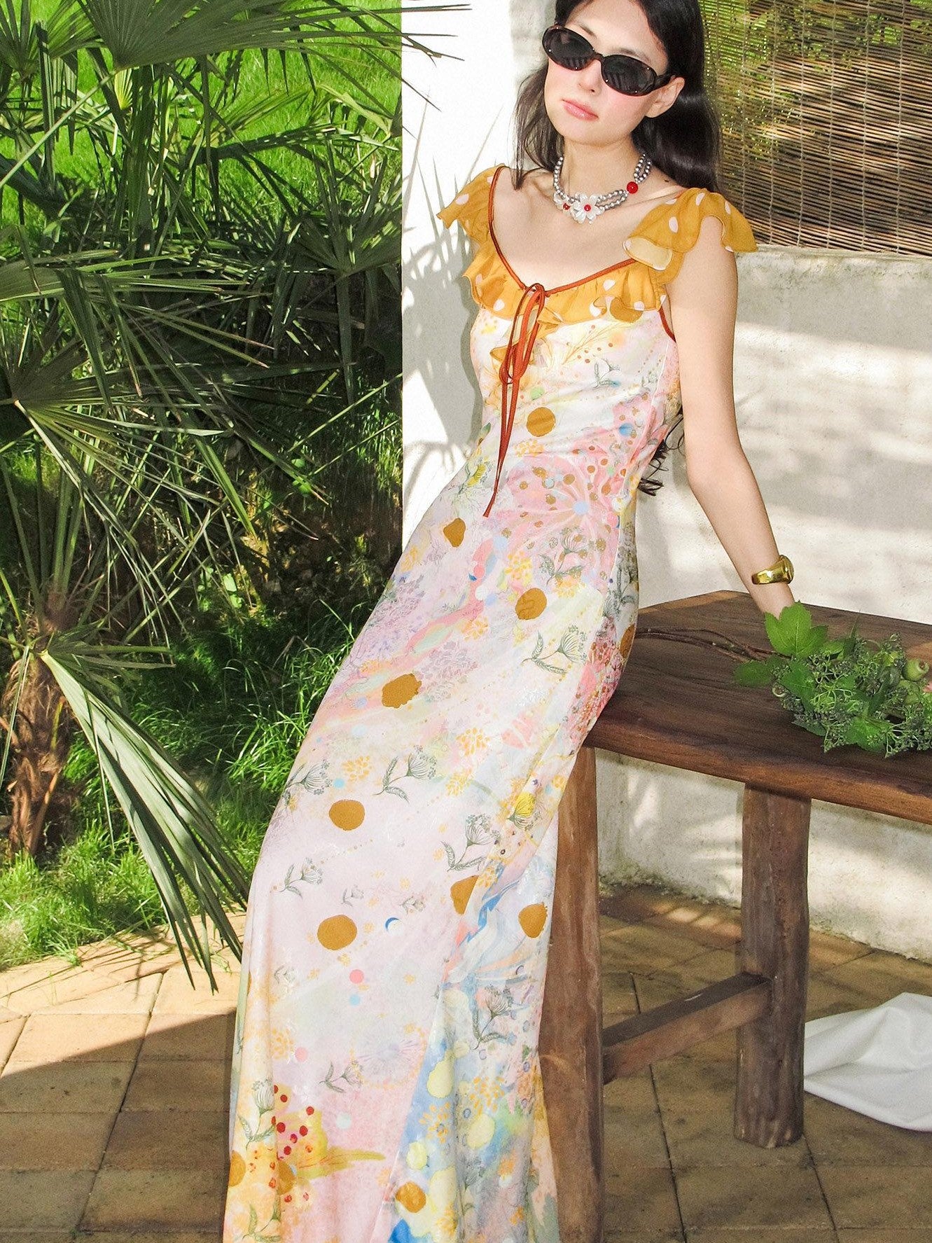 OfAkiva French Floral Ruffle Bias Cut Cinched Waist Mermaid Women&