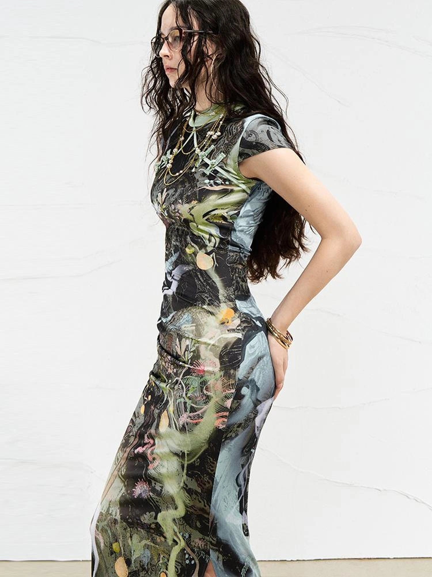 OfAkiva Galactic River Forest Qipao Dress