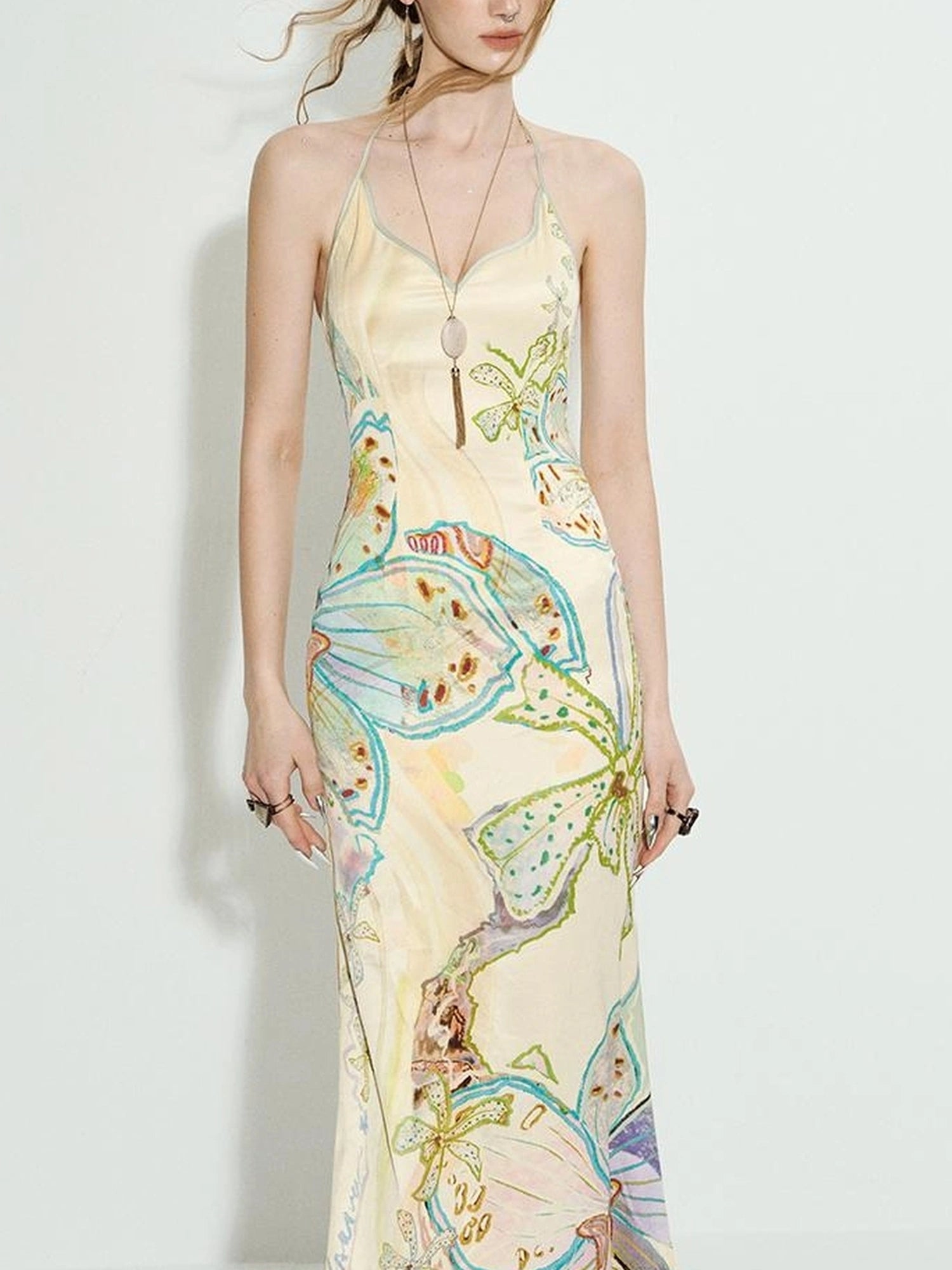 OfAkiva Galaxy Gardenia Floral V-Neck Mermaid Slip Dress