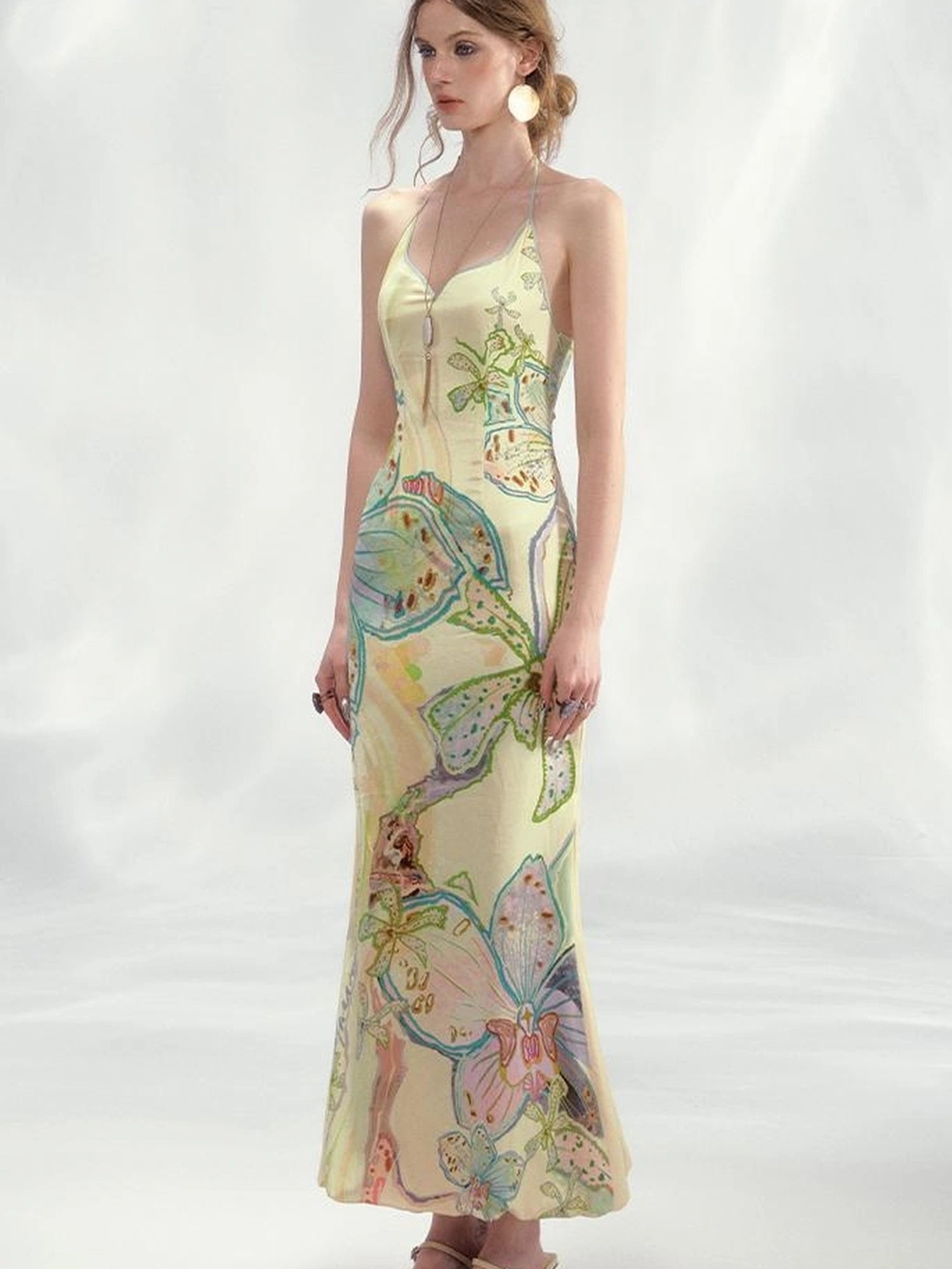 OfAkiva Galaxy Gardenia Floral V-Neck Mermaid Slip Dress