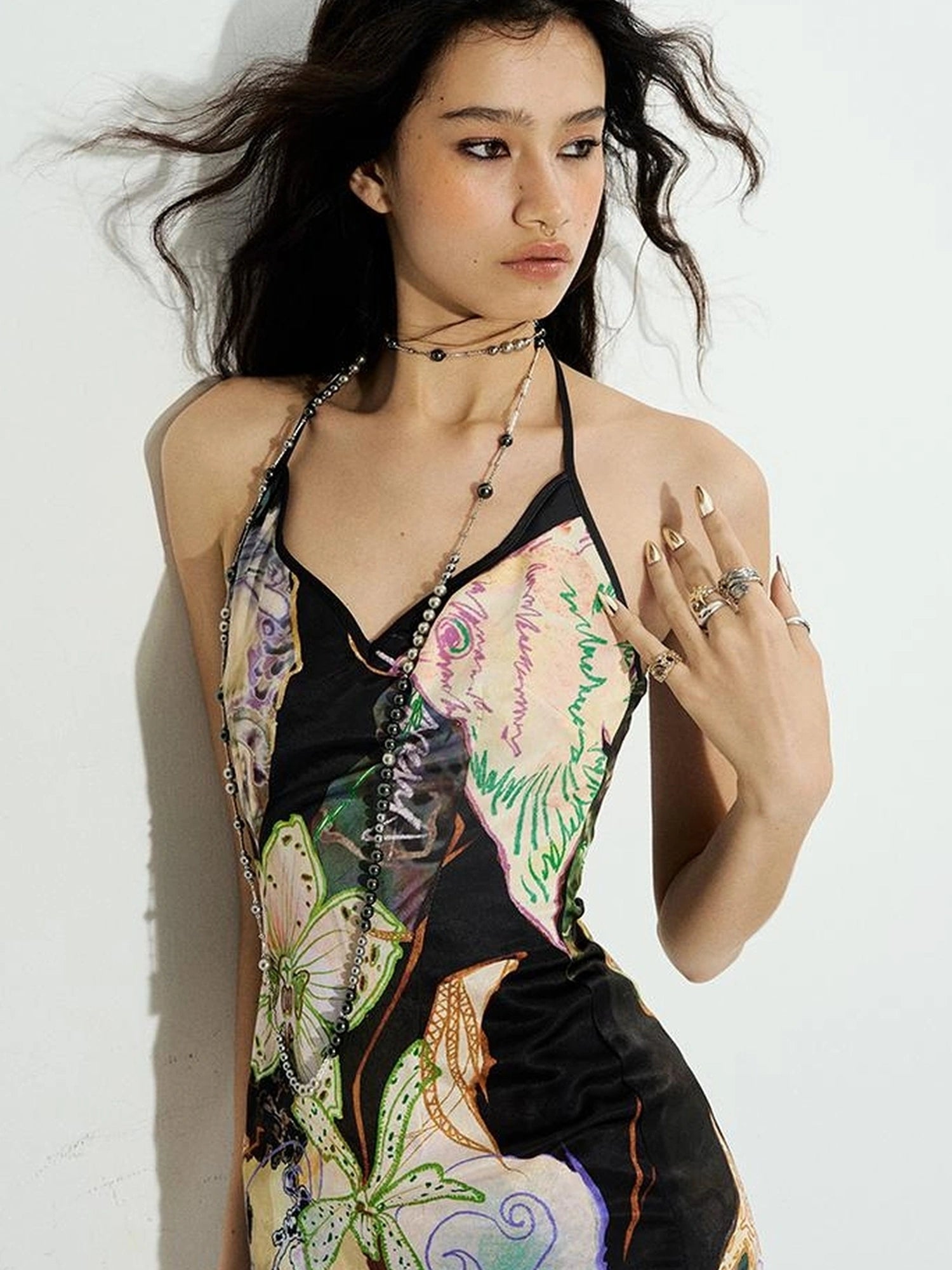 OfAkiva Galaxy Gardenia Floral V-Neck Mermaid Slip Dress