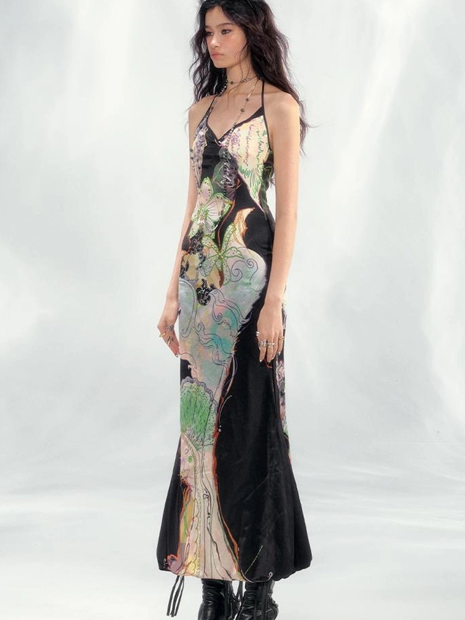 OfAkiva Galaxy Gardenia Floral V-Neck Mermaid Slip Dress