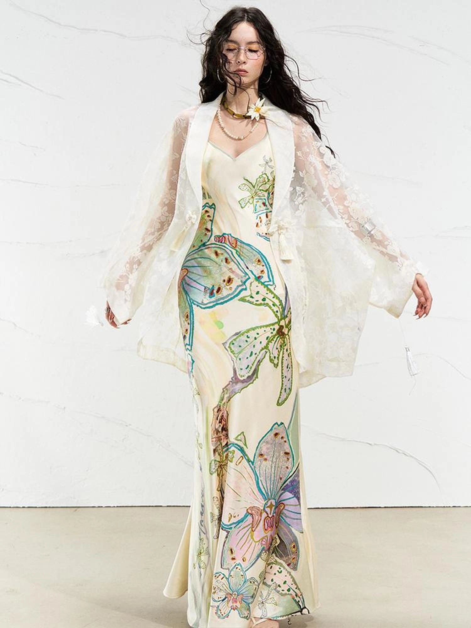 OfAkiva Galaxy Gardenia Floral V-Neck Mermaid Slip Dress