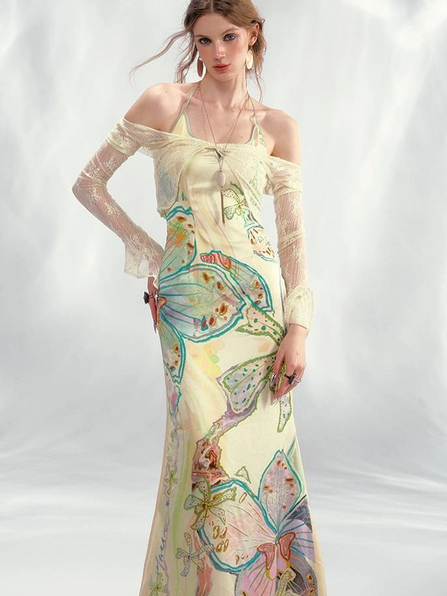 OfAkiva Galaxy Gardenia Floral V-Neck Mermaid Slip Dress