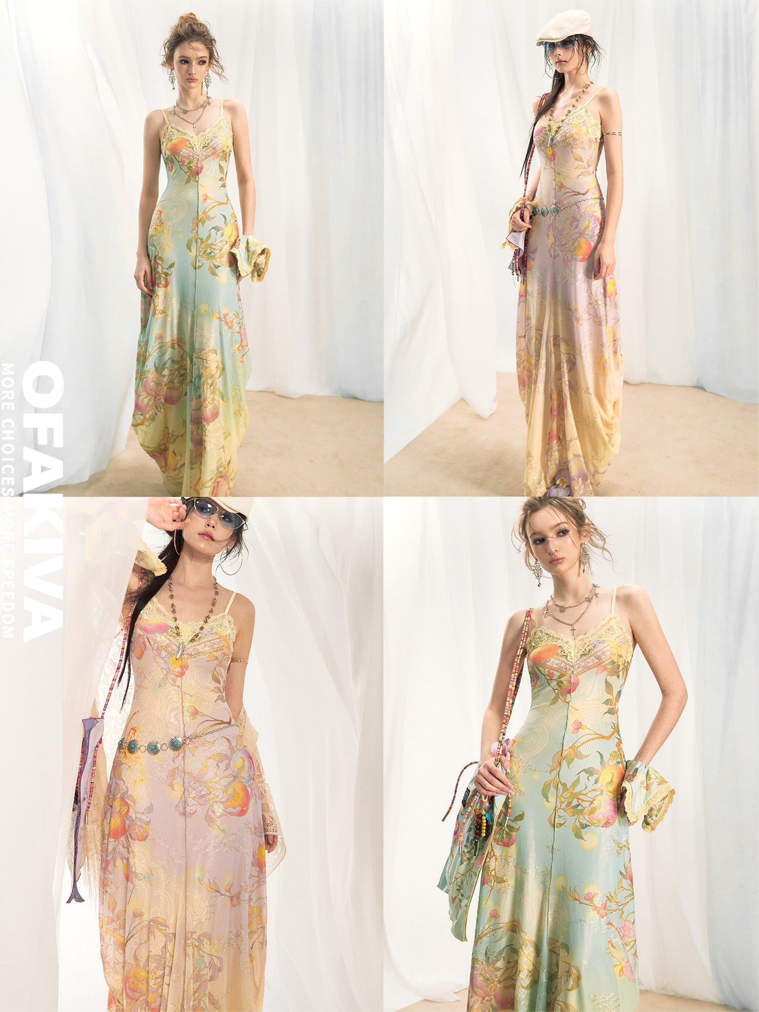 OfAkiva Gold Embroidery Print Colorblock Women&