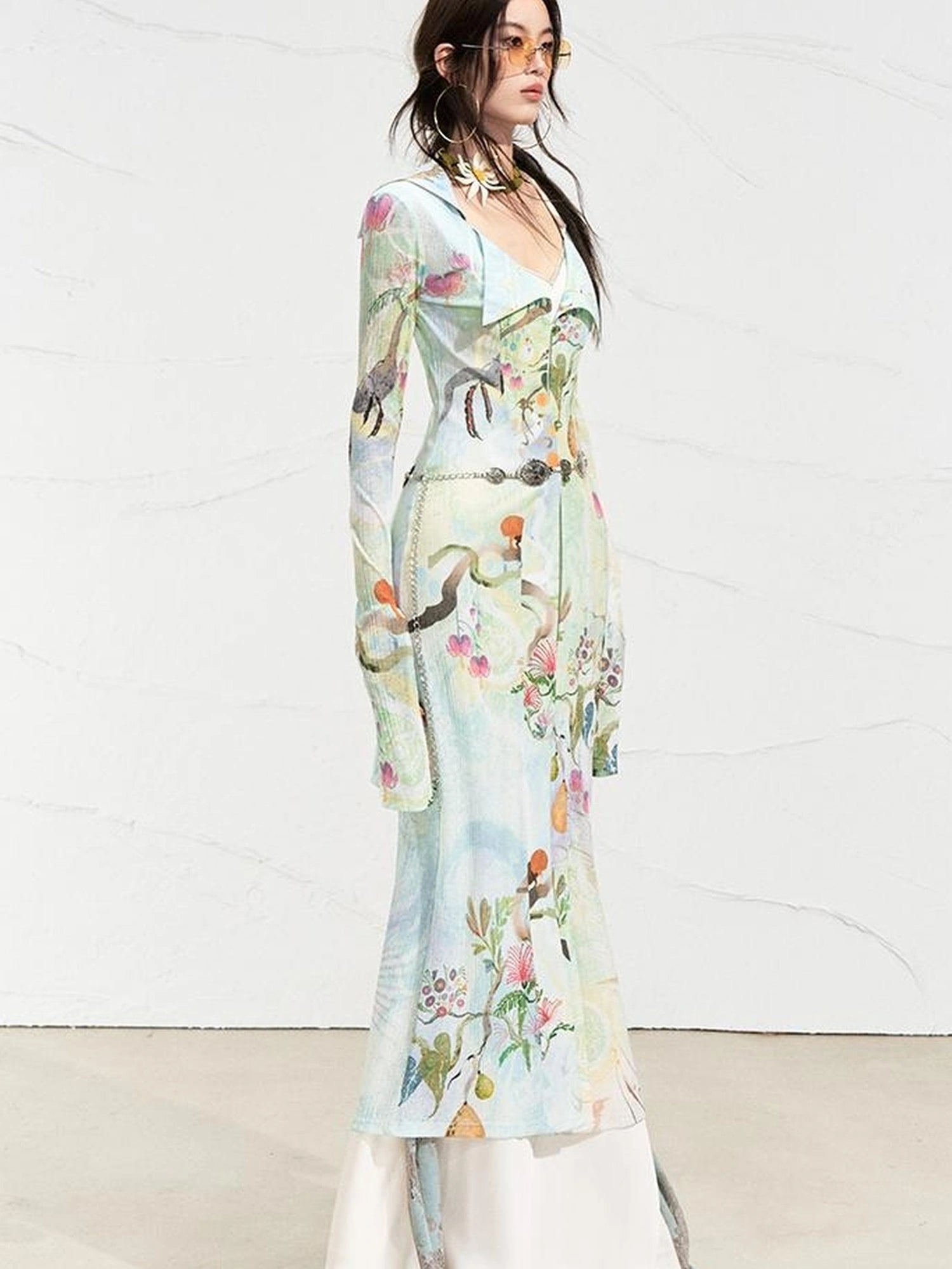 OfAkiva Golden Jade Osmanthus Fantasy Knit V-neck T-shirt Long-Sleeve