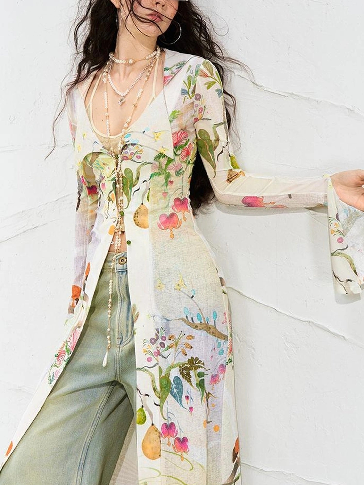 OfAkiva Golden Jade Osmanthus Fantasy Knit V-neck T-shirt Long-Sleeve