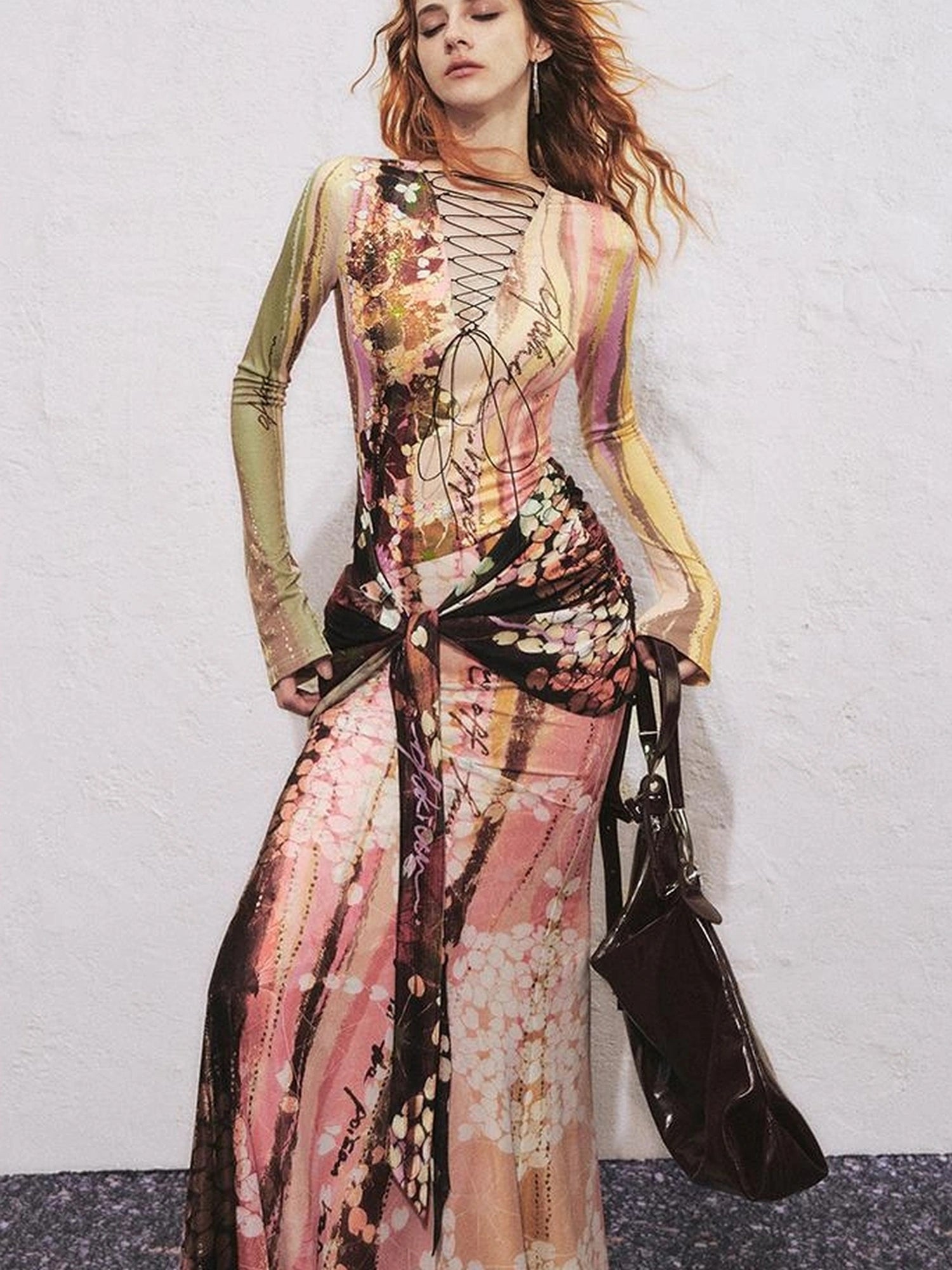 OfAkiva Hand Painted Floral Wrap Midi Dress