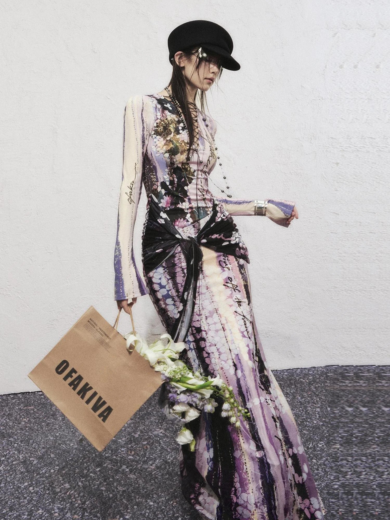 OfAkiva Hand Painted Floral Wrap Midi Dress