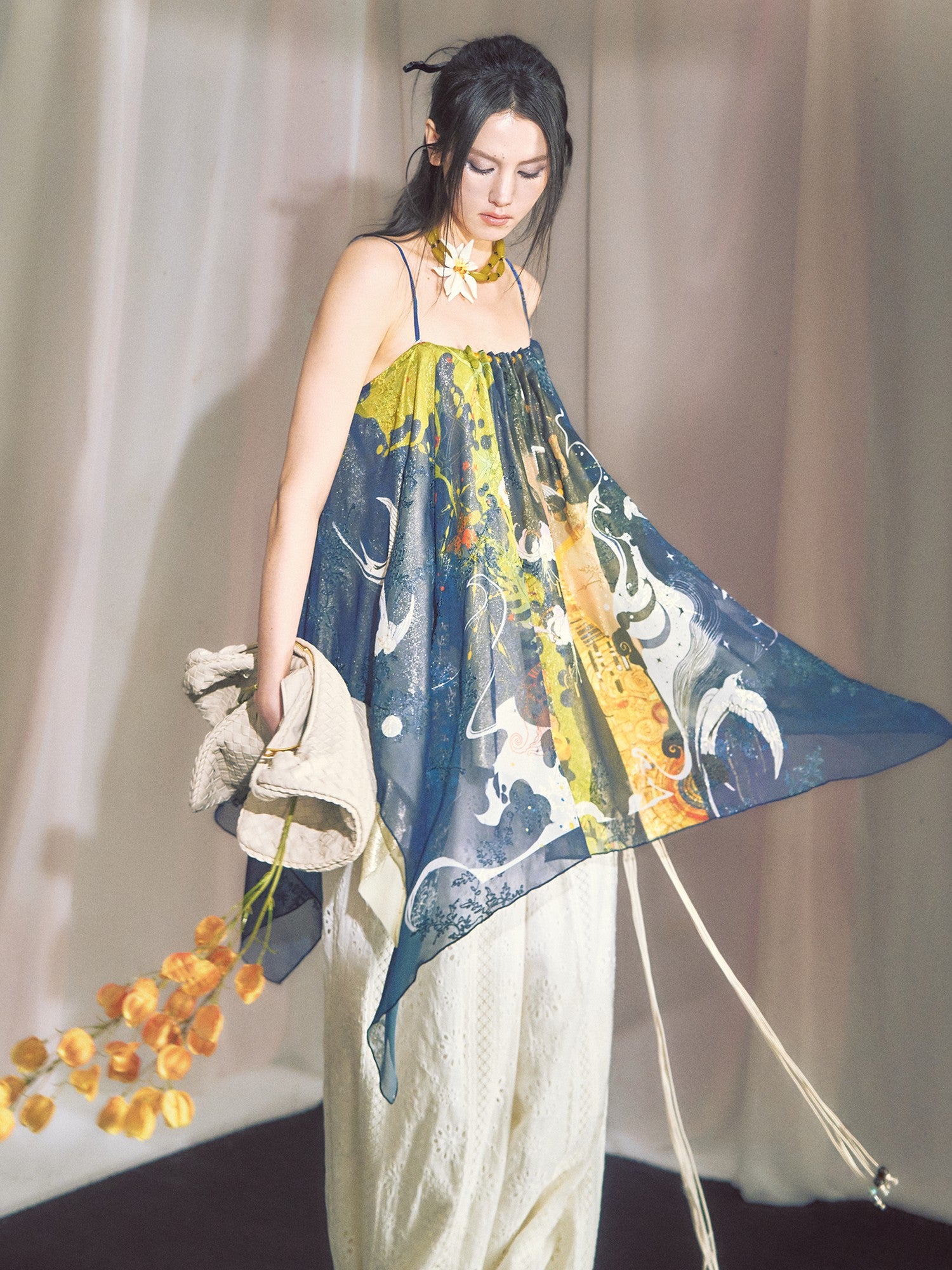 OfAkiva Hand Painted Print Irregular Beaded Square Neck Women&