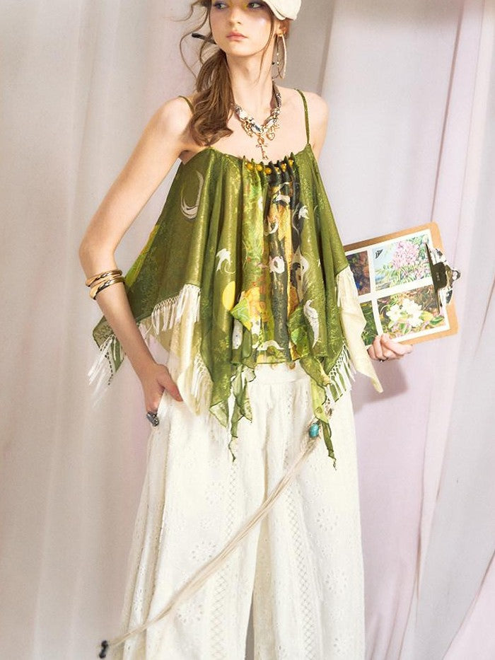 OfAkiva Hand Painted Print Irregular Beaded Square Neck Women&