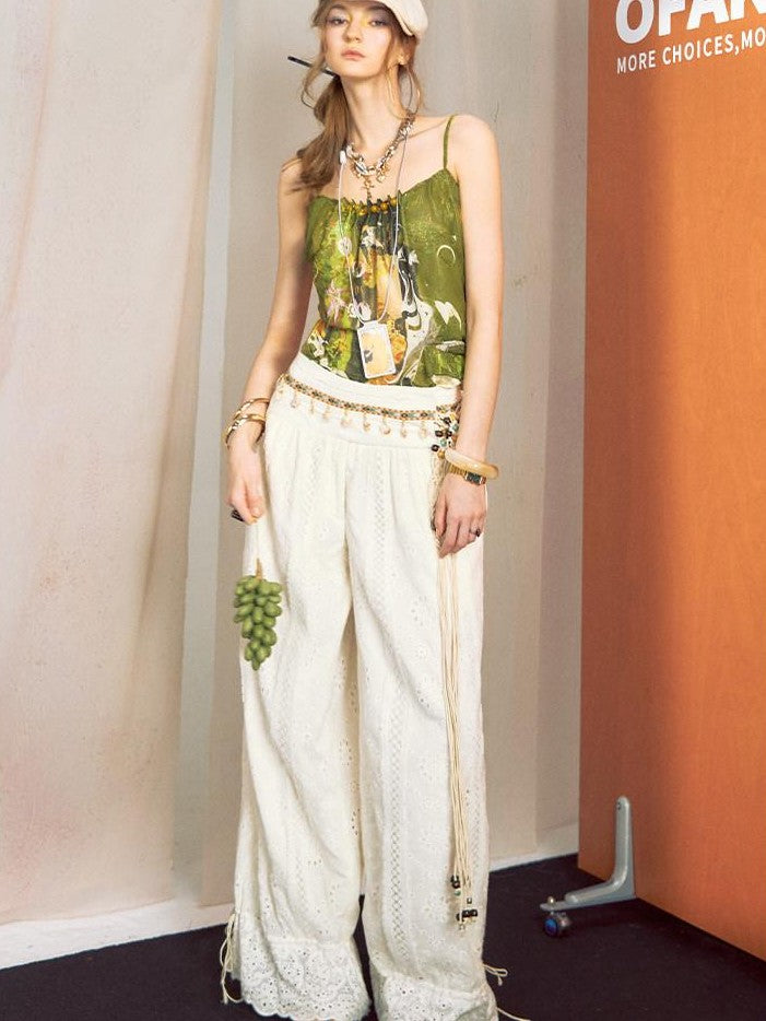 OfAkiva Hand Painted Print Irregular Beaded Square Neck Women&
