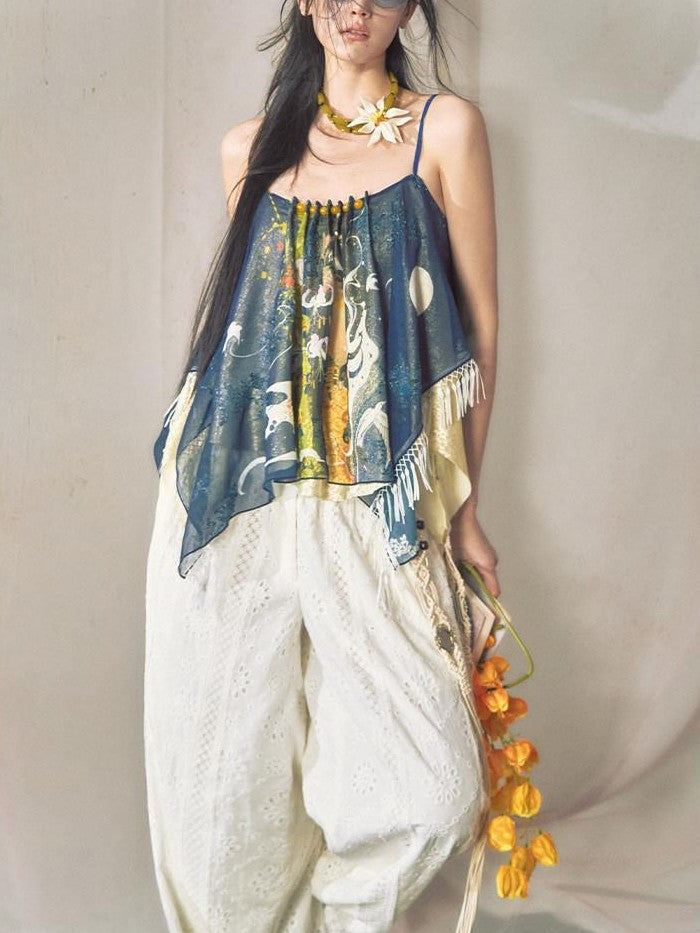 OfAkiva Hand Painted Print Irregular Beaded Square Neck Women&
