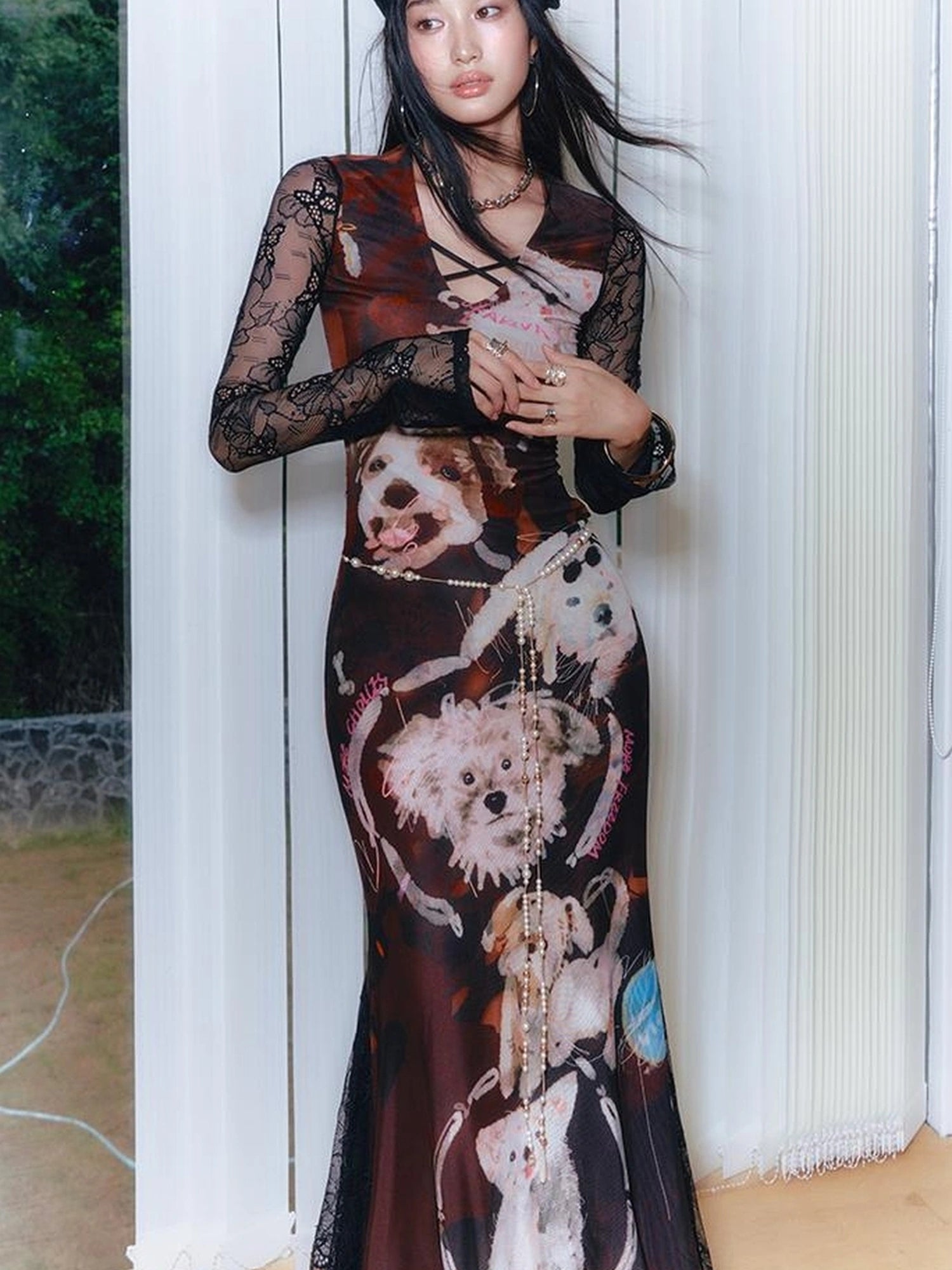 OfAkiva Hand Painted Puppy Love Portrait V-neck T-shirt Long Sleeve Dress