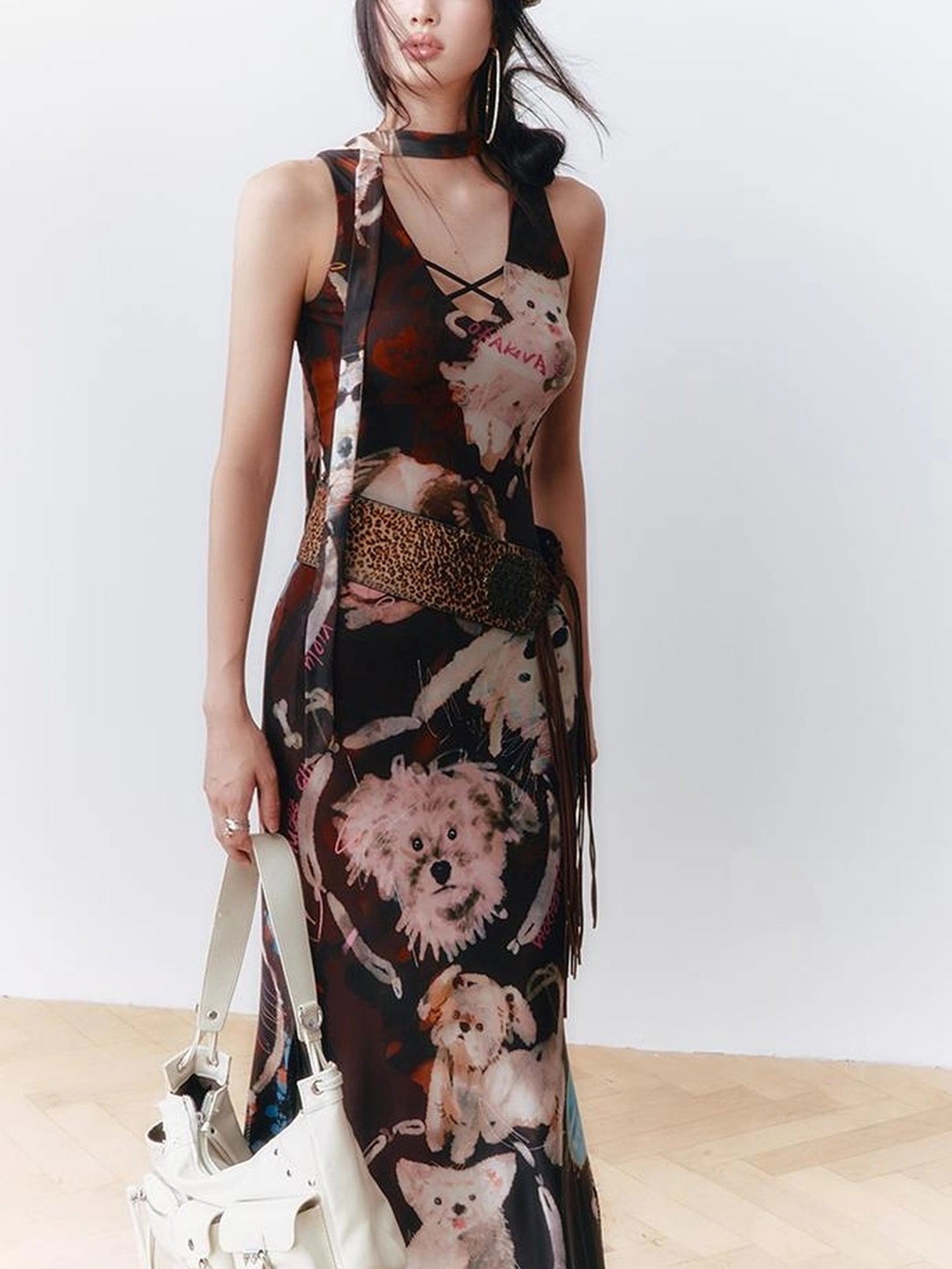 OfAkiva Hand Painted Puppy Love Portrait V-neck T-shirt Long Sleeve Dress