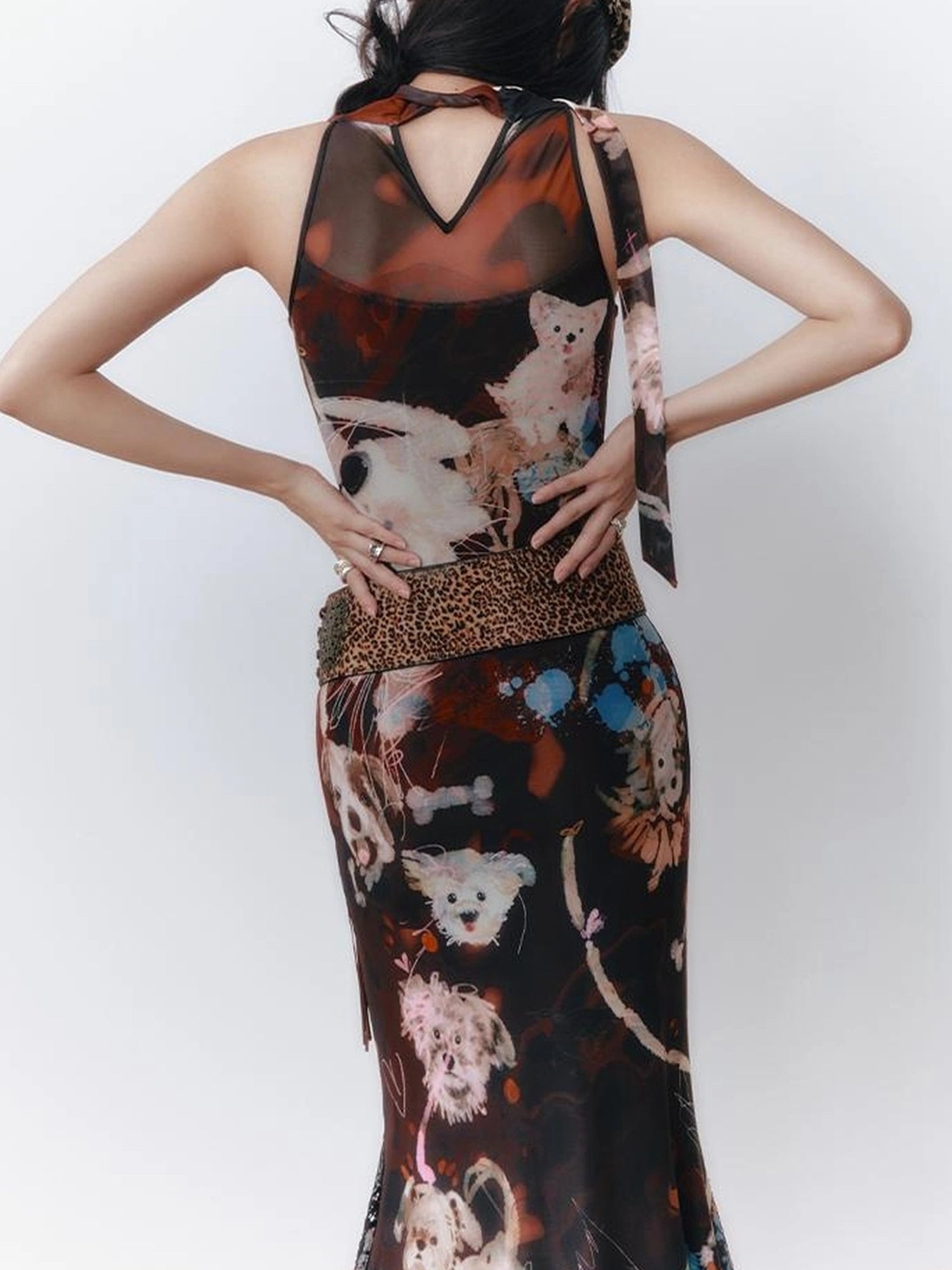 OfAkiva Hand Painted Puppy Love Portrait V-neck T-shirt Long Sleeve Dress