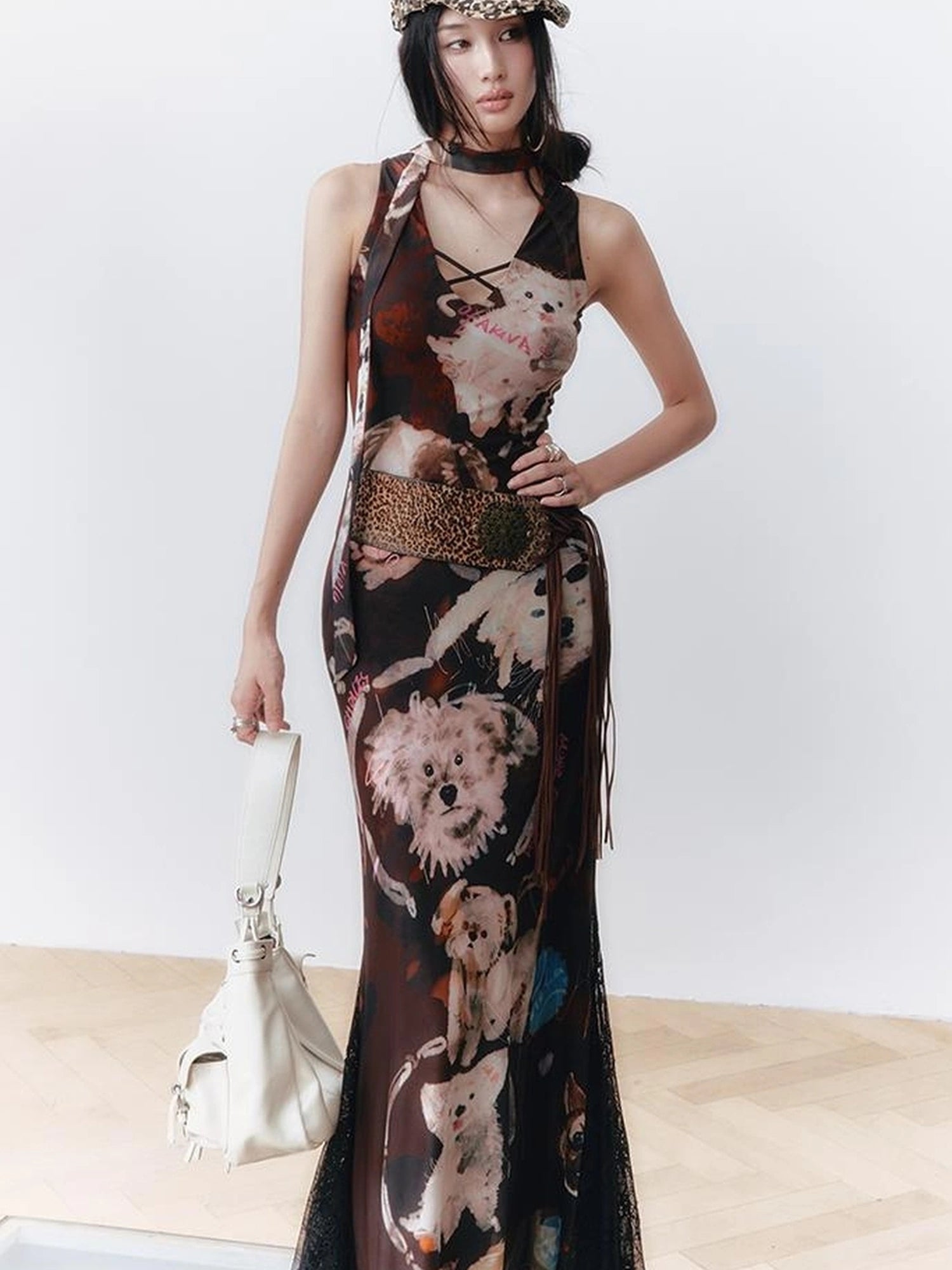 OfAkiva Hand Painted Puppy Love Portrait V-neck T-shirt Long Sleeve Dress