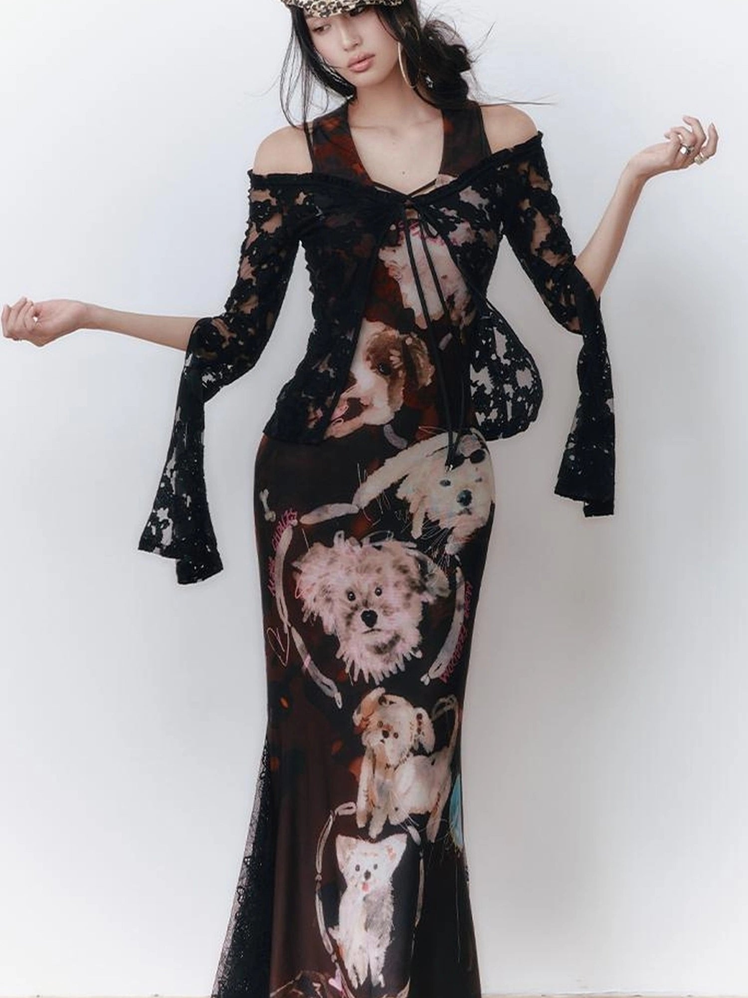 OfAkiva Hand Painted Puppy Love Portrait V-neck T-shirt Long Sleeve Dress