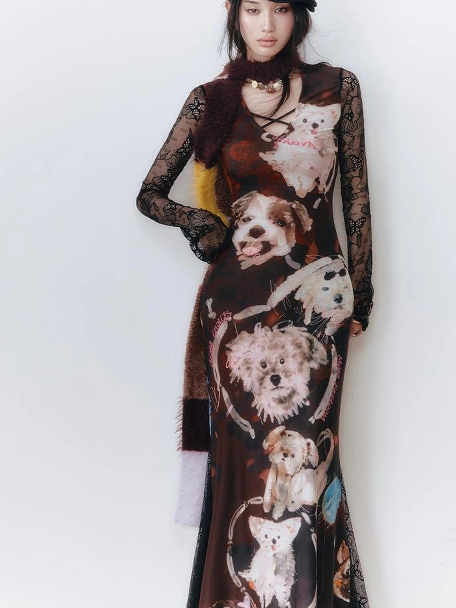 OfAkiva Hand Painted Puppy Love Portrait V-neck T-shirt Long Sleeve Dress