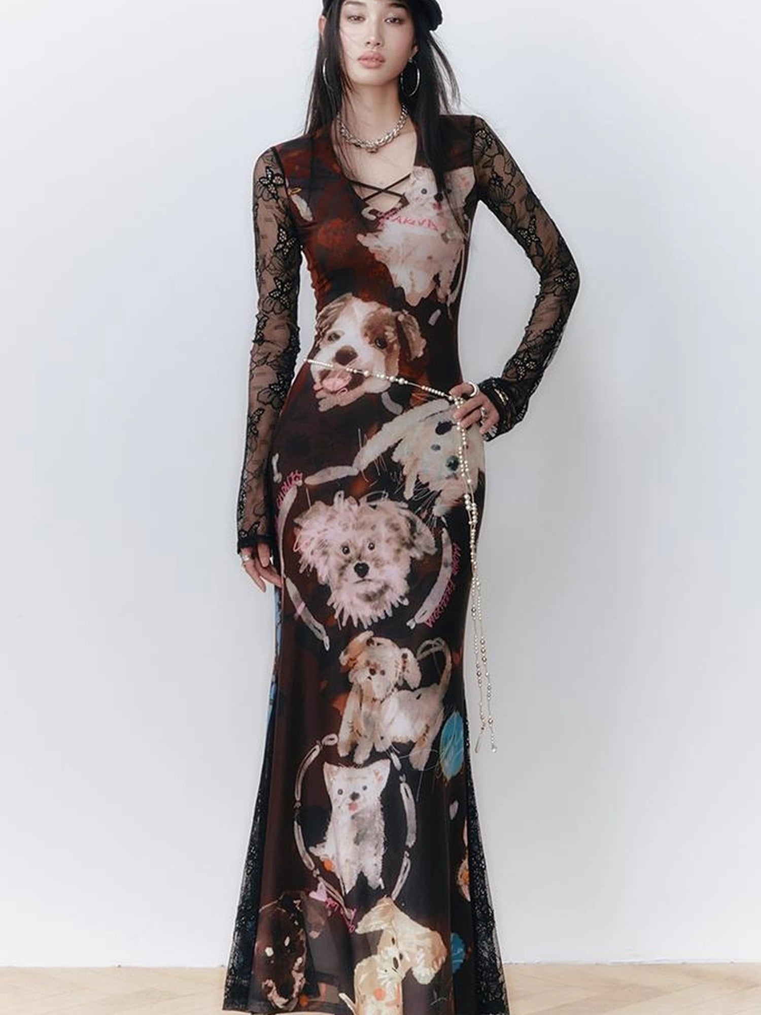 OfAkiva Hand Painted Puppy Love Portrait V-neck T-shirt Long Sleeve Dress