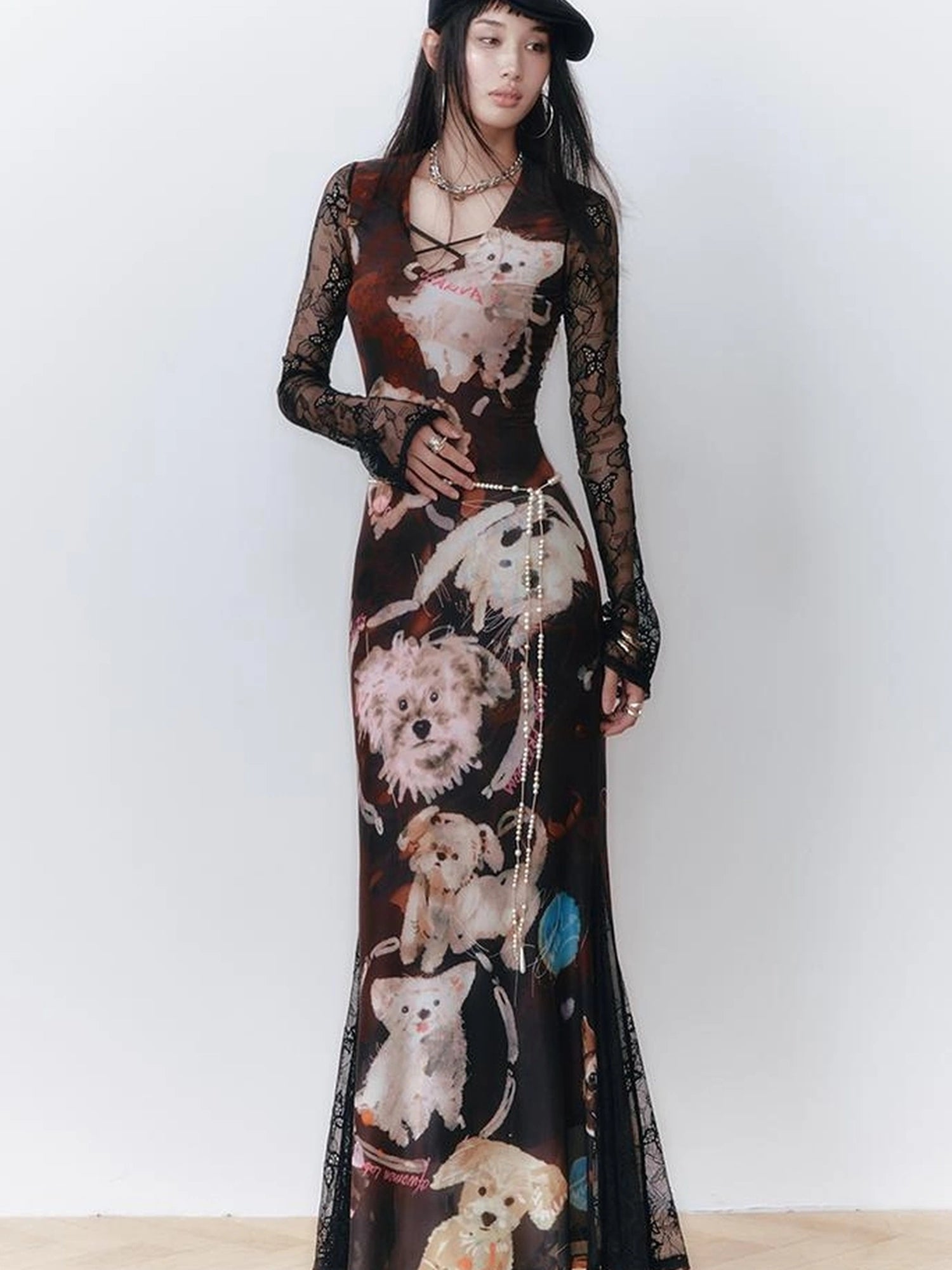 OfAkiva Hand Painted Puppy Love Portrait V-neck T-shirt Long Sleeve Dress