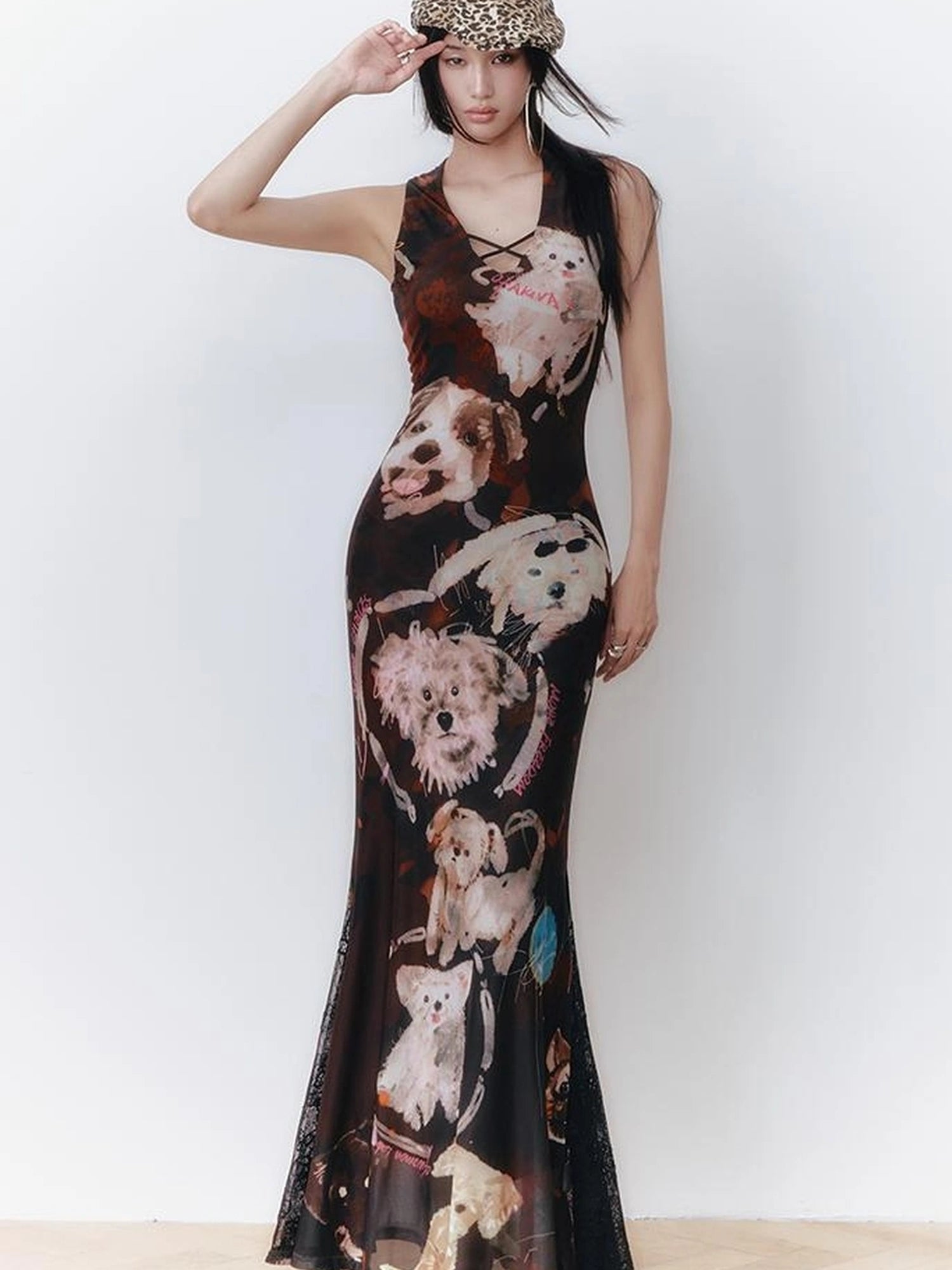 OfAkiva Hand Painted Puppy Love Portrait V-neck T-shirt Long Sleeve Dress