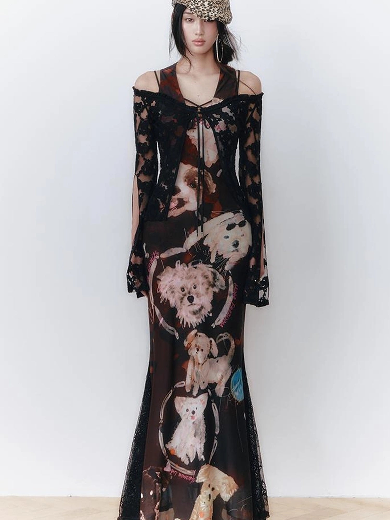 OfAkiva Hand Painted Puppy Love Portrait V-neck T-shirt Long Sleeve Dress