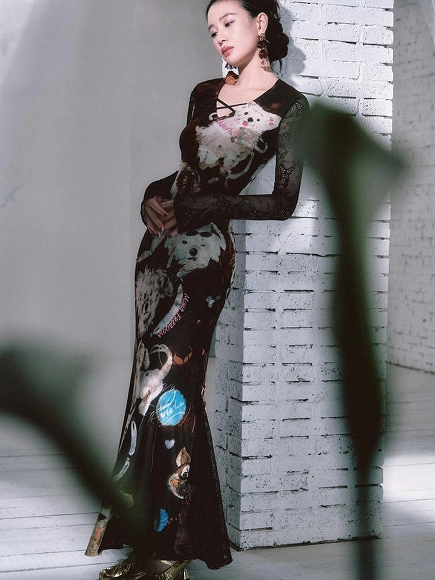 OfAkiva Hand Painted Puppy Love Portrait V-neck T-shirt Long Sleeve Dress