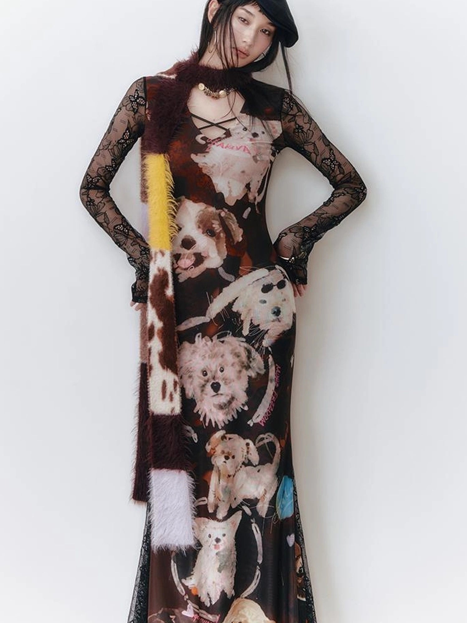 OfAkiva Hand Painted Puppy Love Portrait V-neck T-shirt Long Sleeve Dress