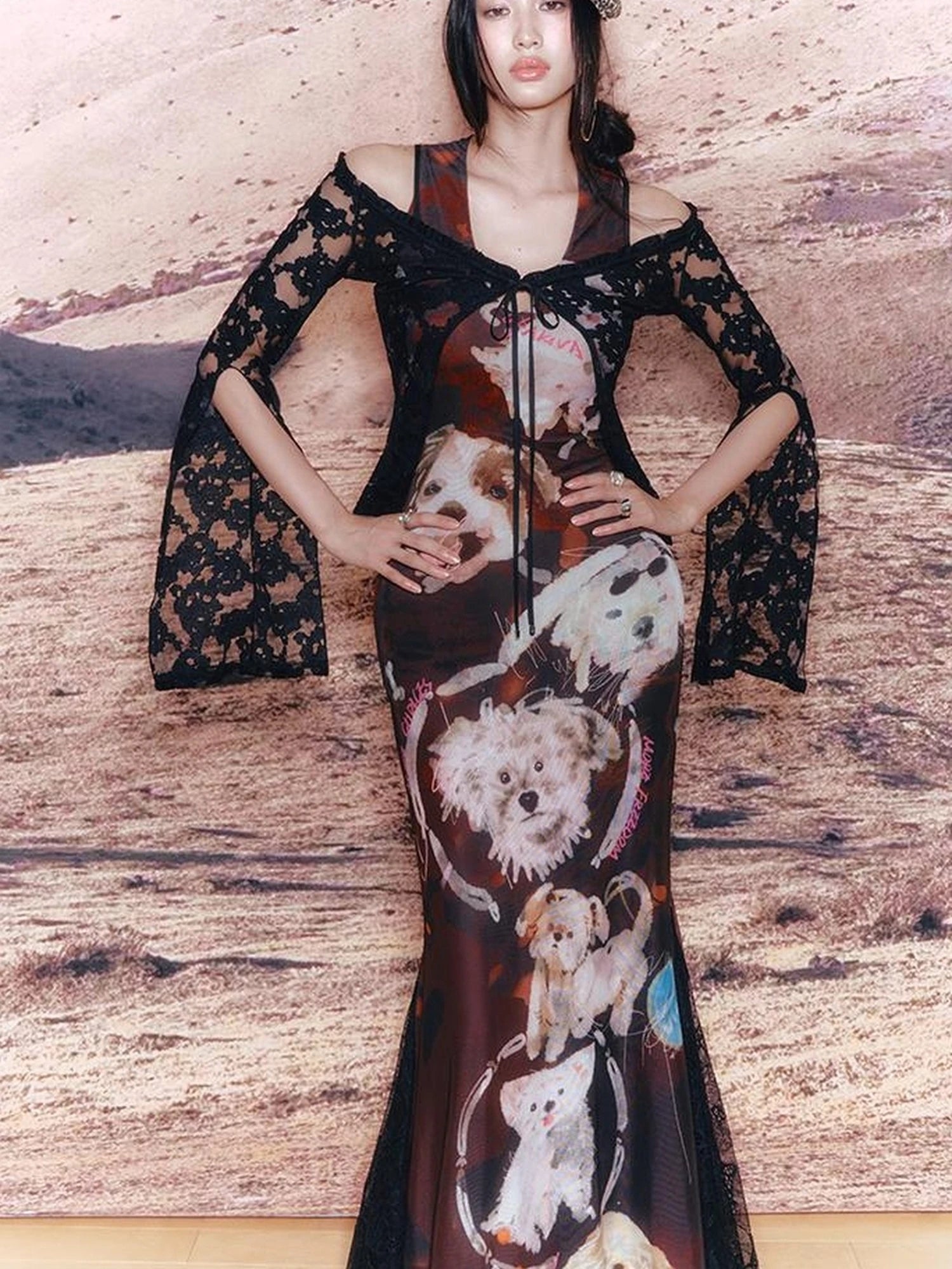 OfAkiva Hand Painted Puppy Love Portrait V-neck T-shirt Long Sleeve Dress