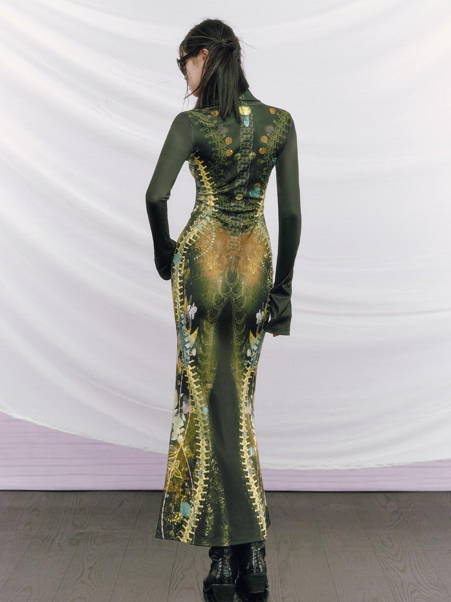 OfAkiva High Waist Printed Long Sleeve High Neck Mermaid Hem Women Maxi Dresses
