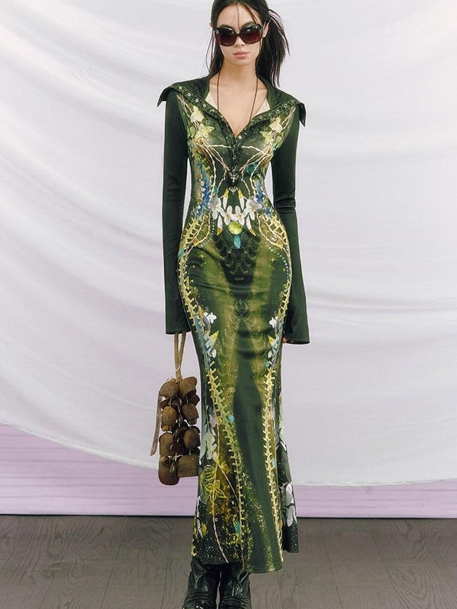 OfAkiva High Waist Printed Long Sleeve High Neck Mermaid Hem Women Maxi Dresses