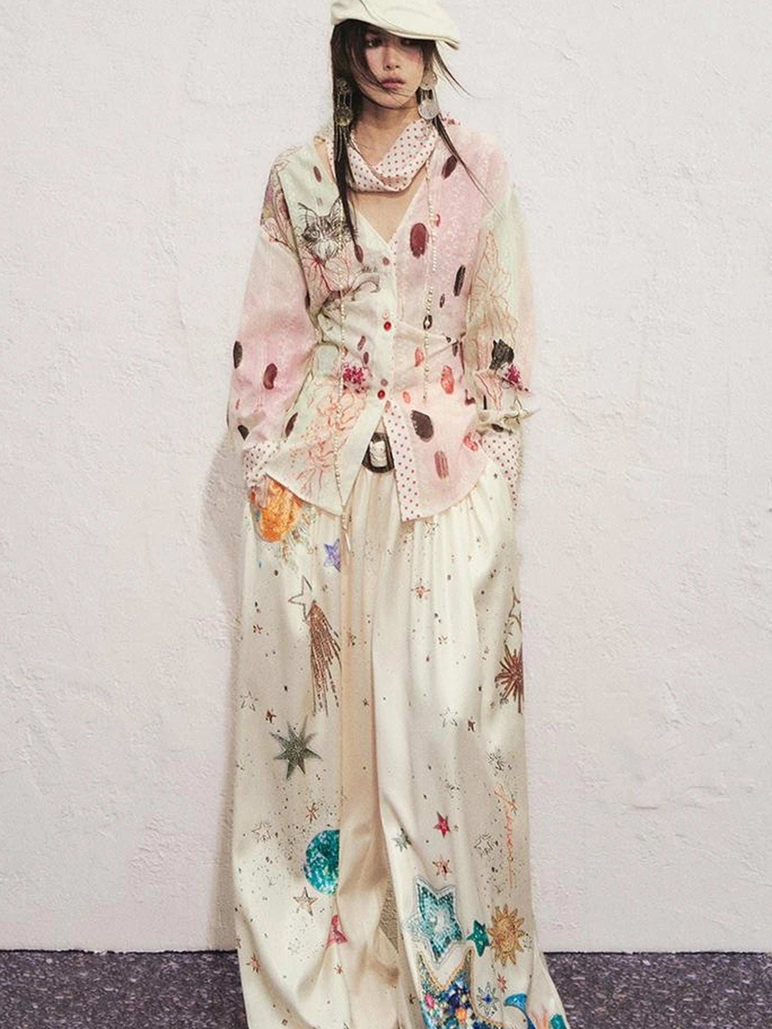 OfAkiva Horus Watercolor Cat Print Blouse With Bow Tie