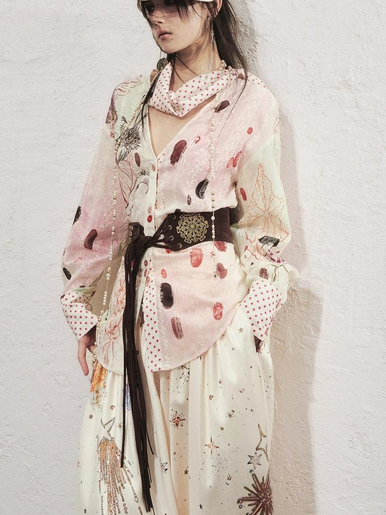 OfAkiva Horus Watercolor Cat Print Blouse With Bow Tie