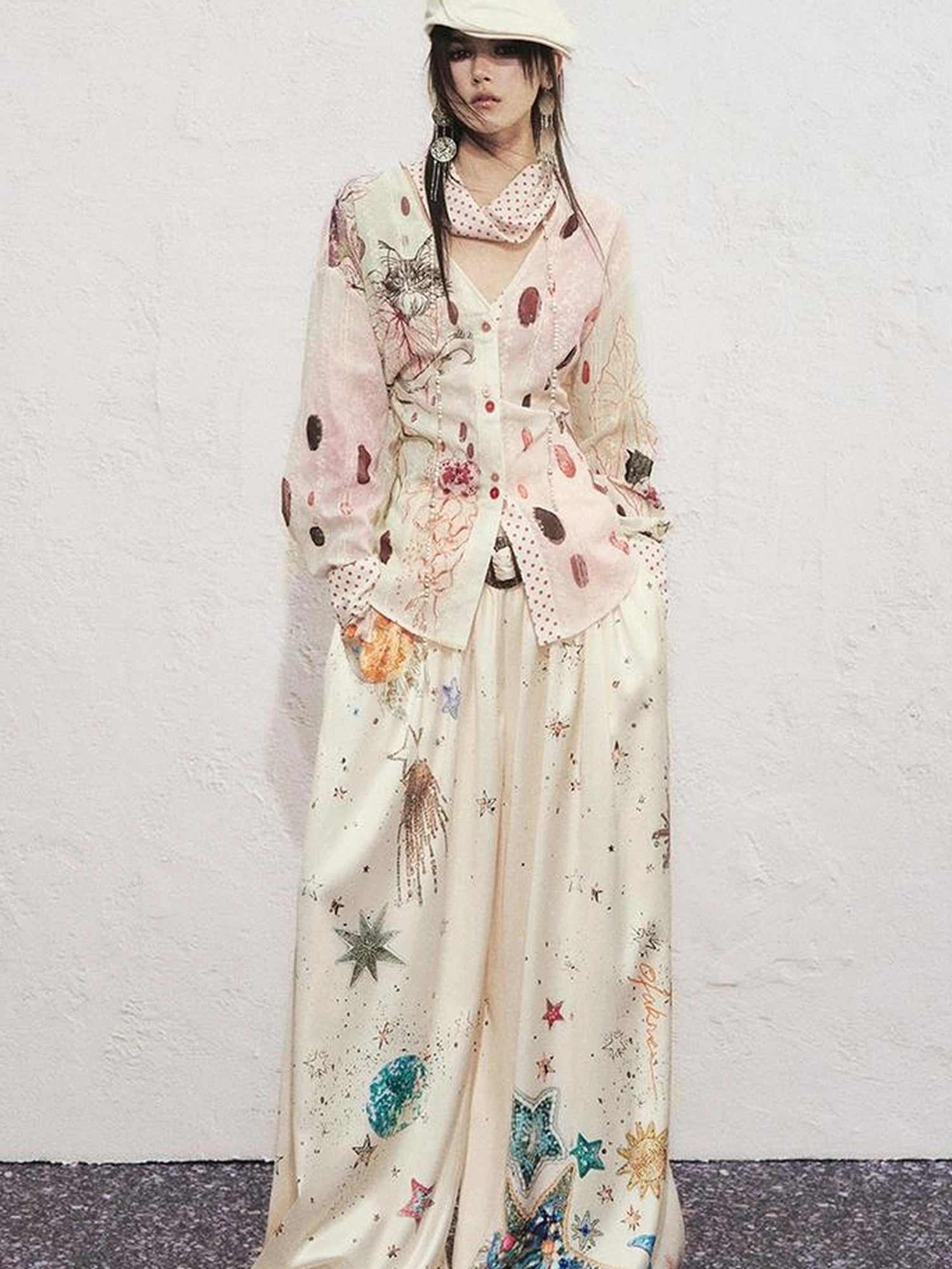 OfAkiva Horus Watercolor Cat Print Blouse With Bow Tie