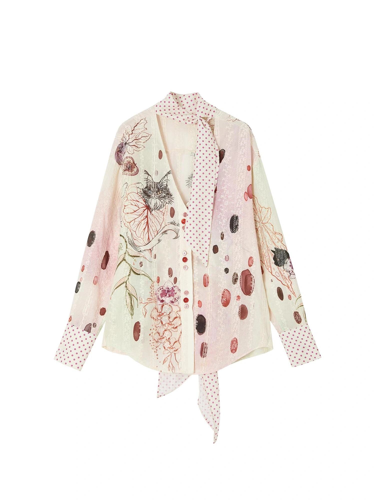 OfAkiva Horus Watercolor Cat Print Blouse With Bow Tie