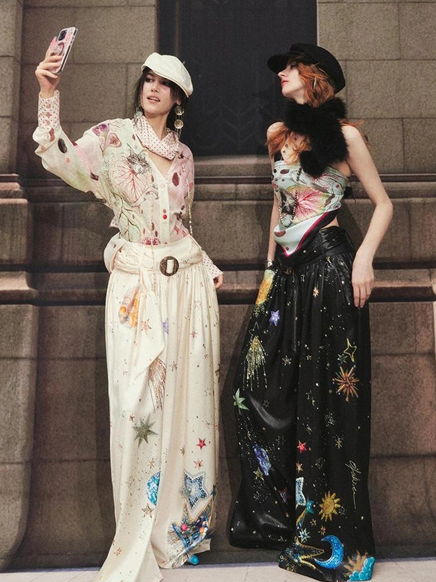 OfAkiva Horus Watercolor Cat Print Blouse With Bow Tie