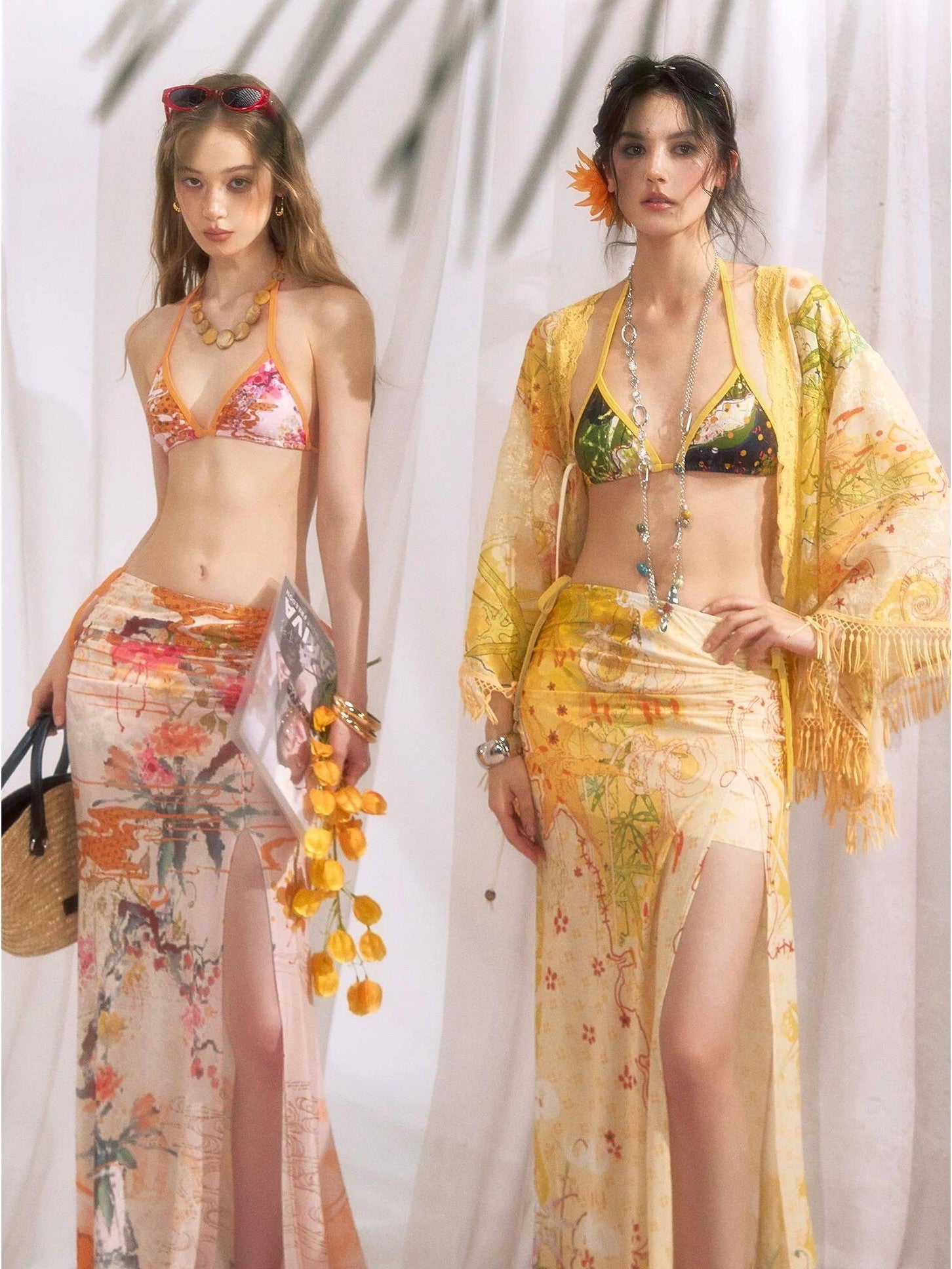 OfAkiva Ink Rainforest Floral Cuff Print V-neck Aline Contrast Women&