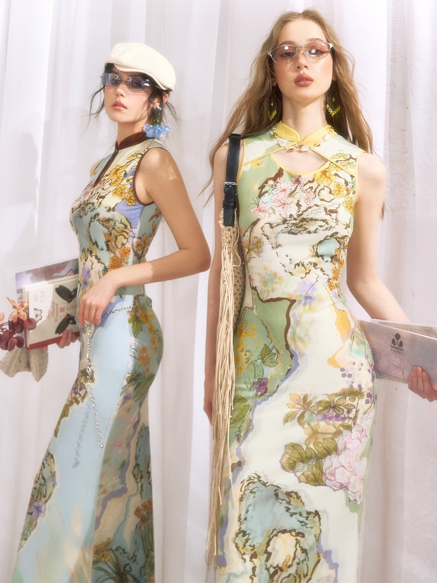 OfAkiva Ink Wash Print New Chinese High Waist Cheongsam Collar Women&
