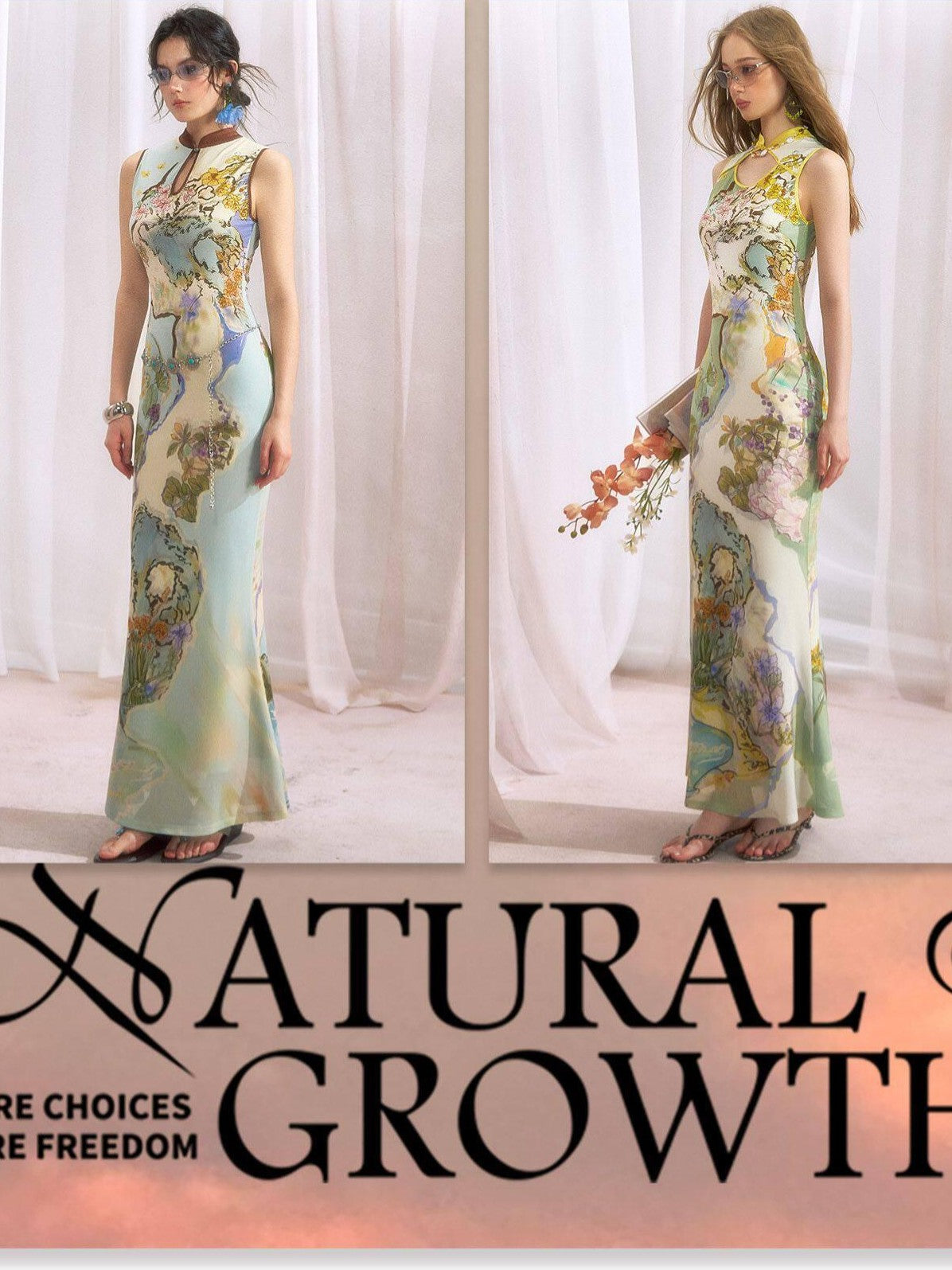 OfAkiva Ink Wash Print New Chinese High Waist Cheongsam Collar Women&
