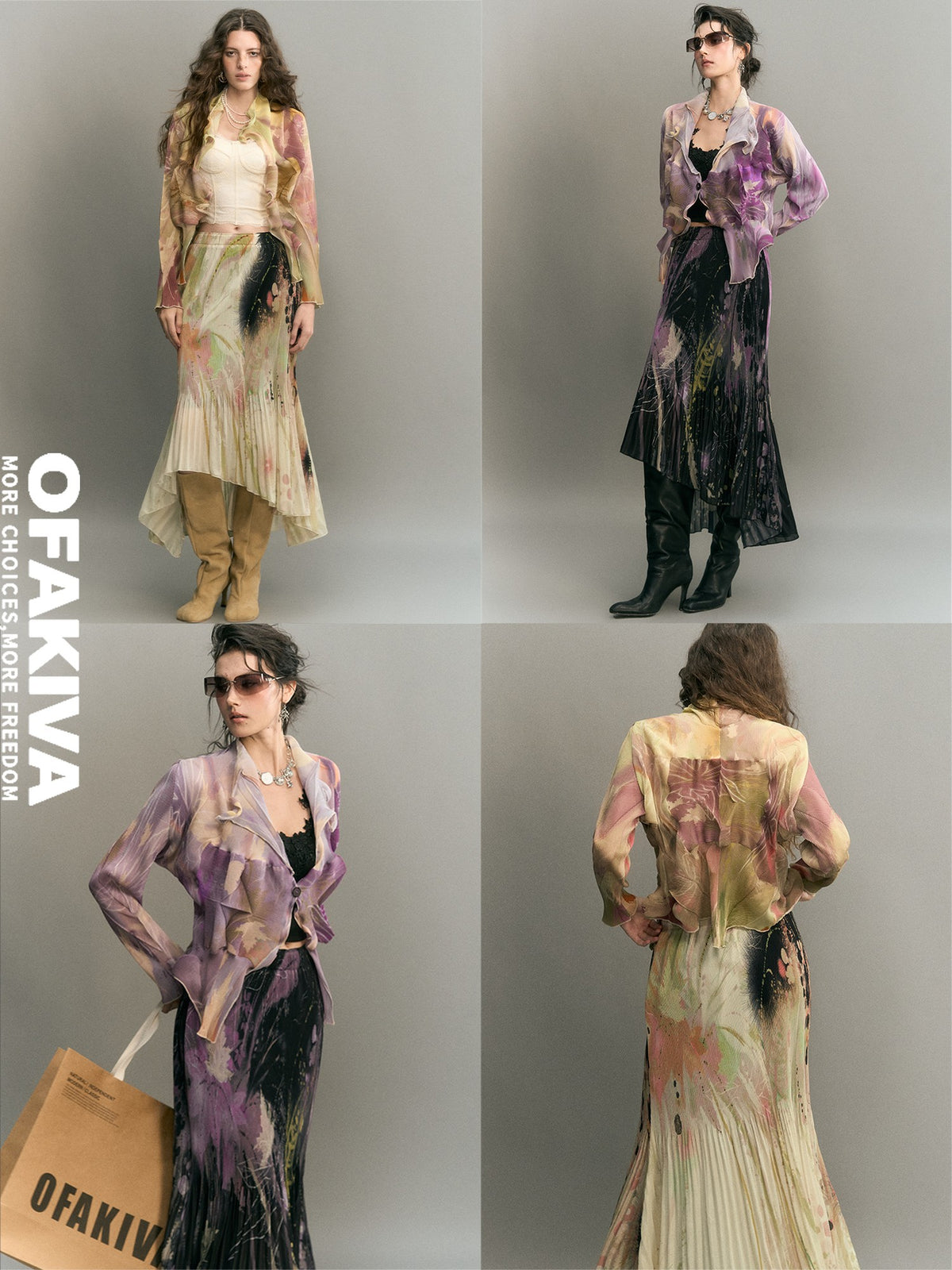 OfAkiva Irregular Pleated Ink Print Long Sleeve Women&