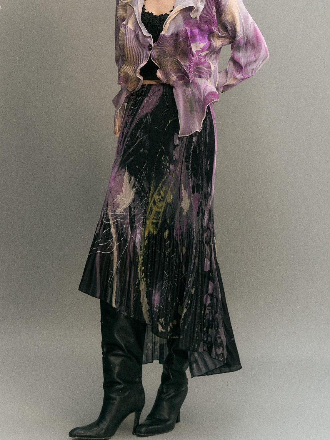 OfAkiva Irregular Pleated Ink Print Long Sleeve Women&