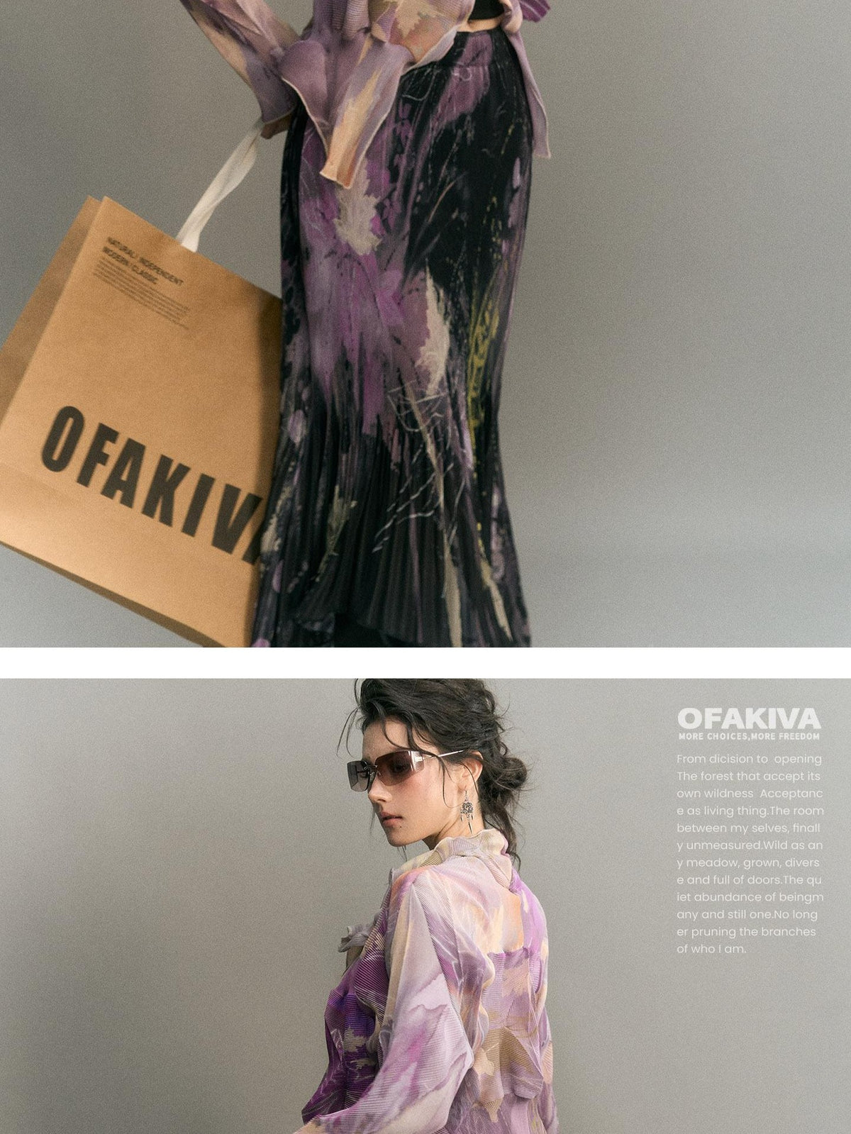 OfAkiva Irregular Pleated Ink Print Long Sleeve Women&