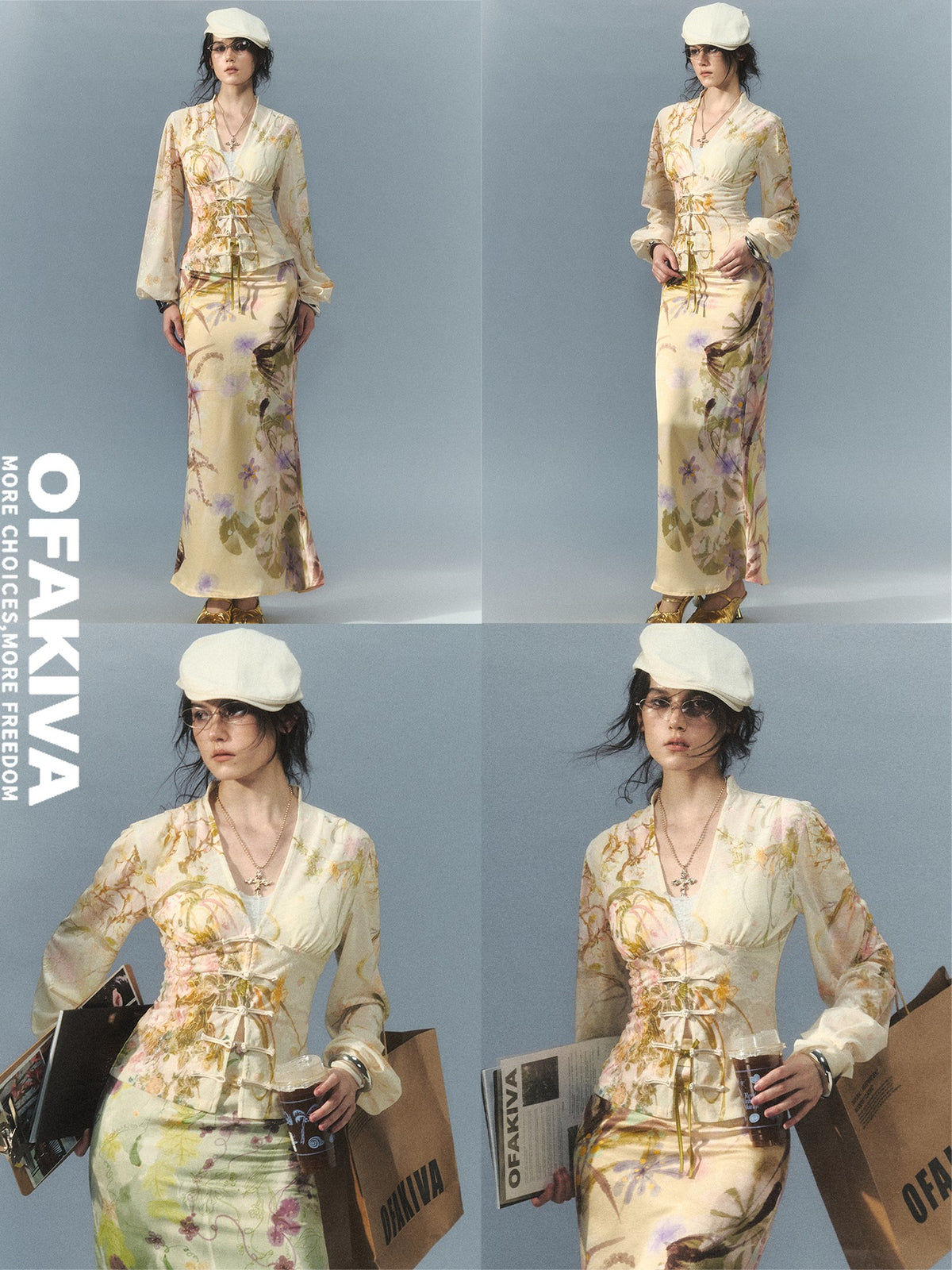 OfAkiva Jacquard Print Pankou Fitted Lantern Sleeve V-neck Women&