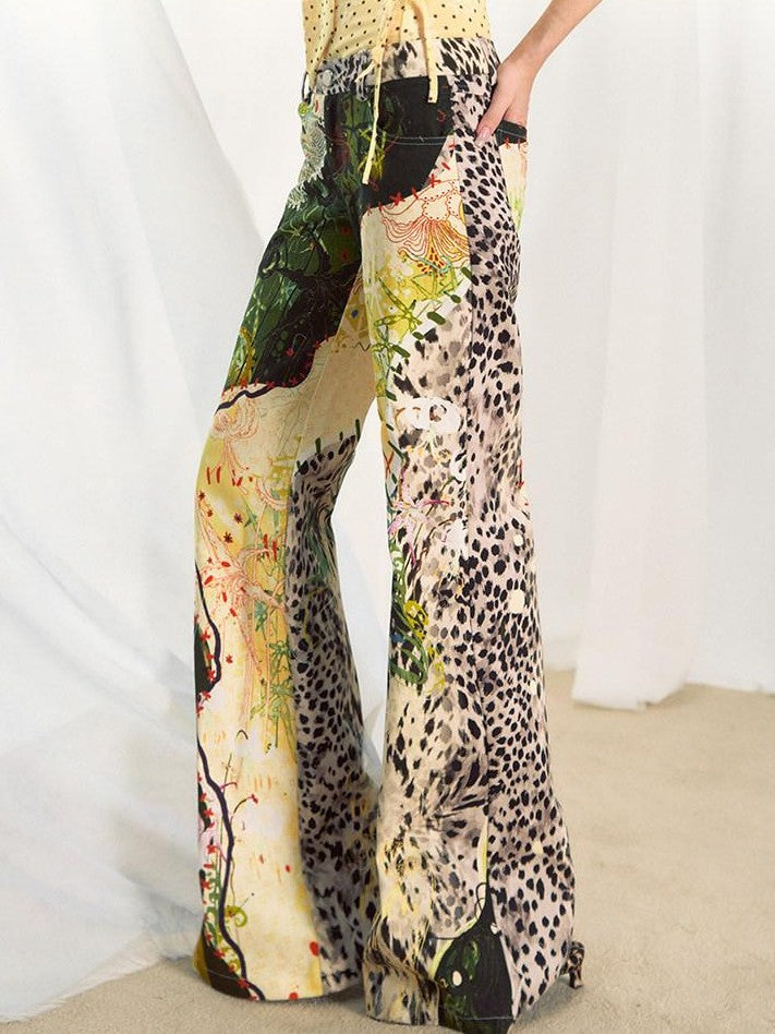 OfAkiva Jungle Leopard Print Low Waist Slim Flared Women&