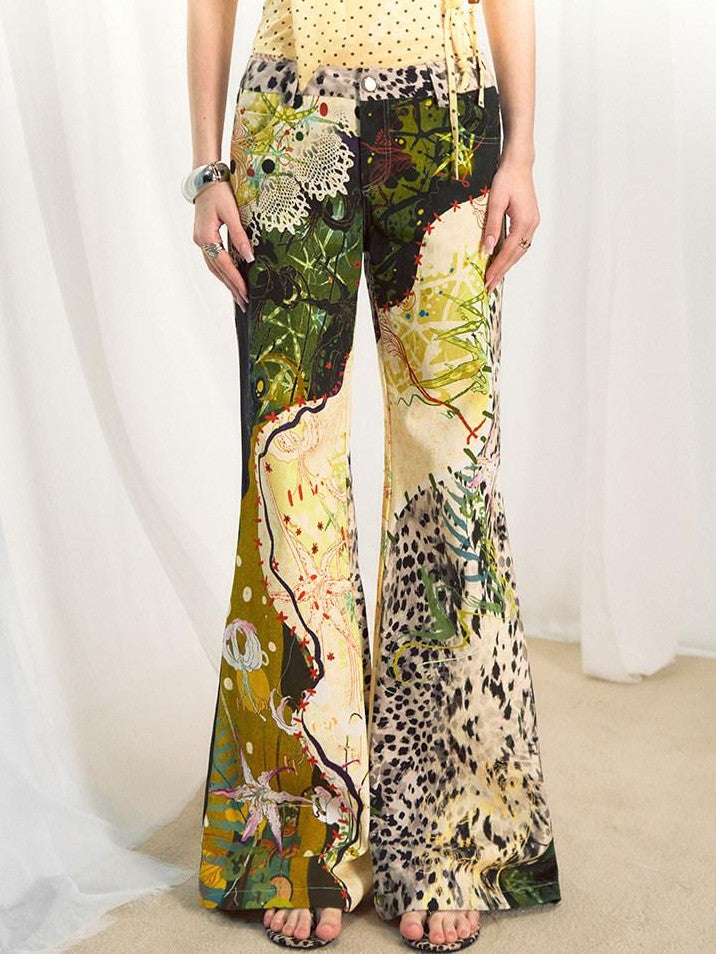 OfAkiva Jungle Leopard Print Low Waist Slim Flared Women&