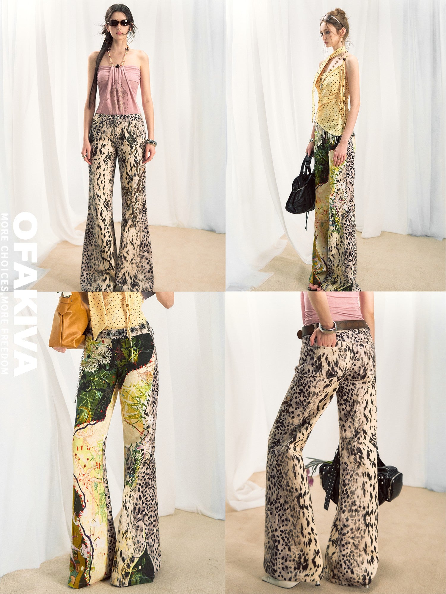 OfAkiva Jungle Leopard Print Low Waist Slim Flared Women&