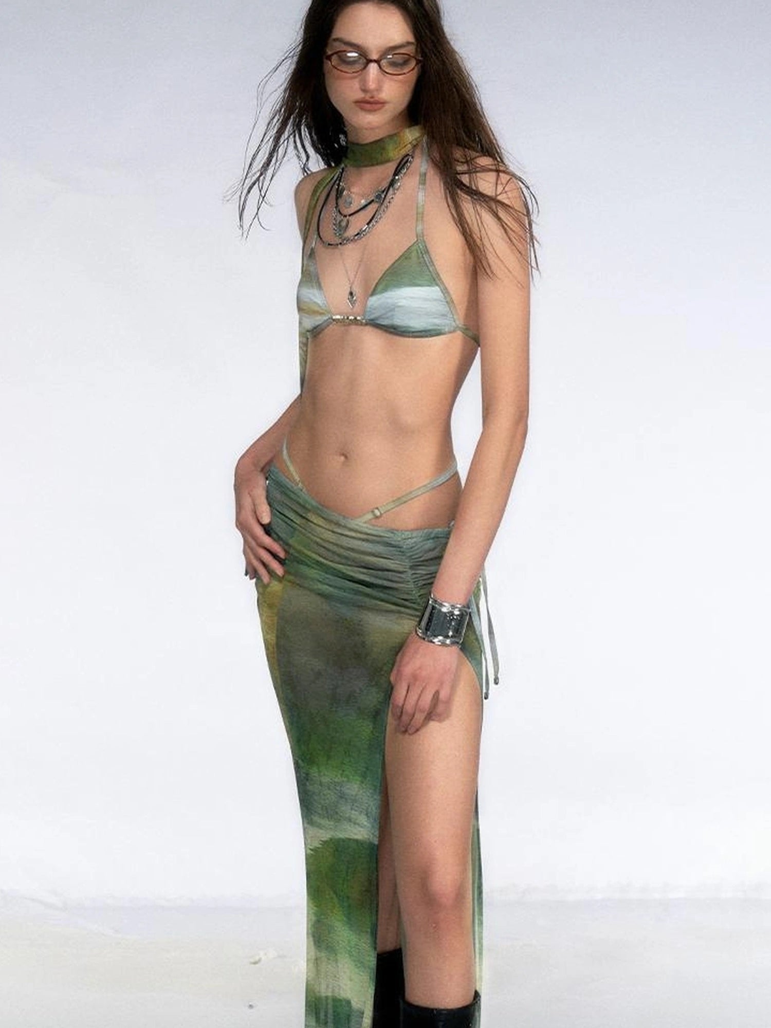 OfAkiva Jungle Print High Slit Mesh Maxi Skirt