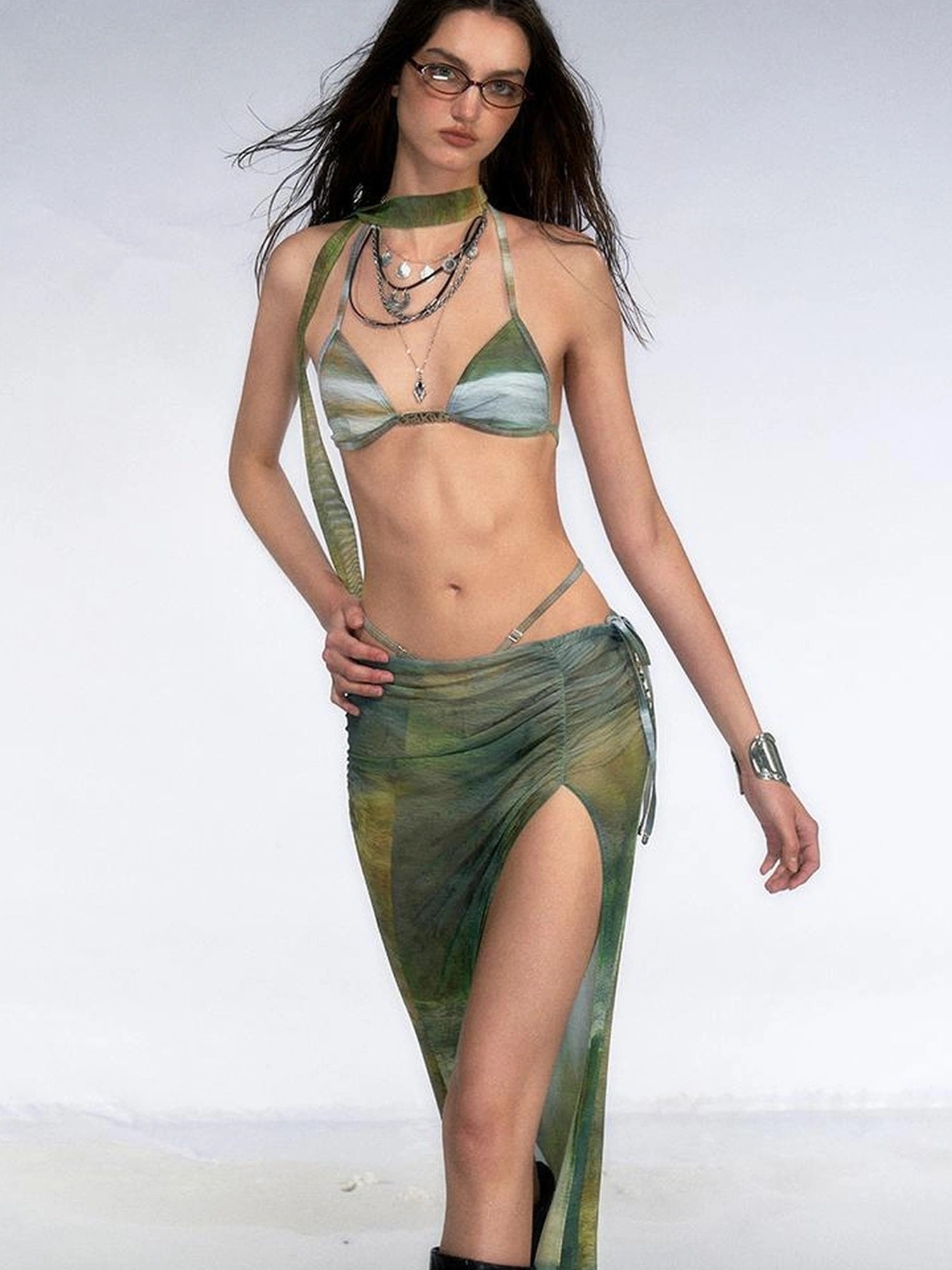 OfAkiva Jungle Print High Slit Mesh Maxi Skirt